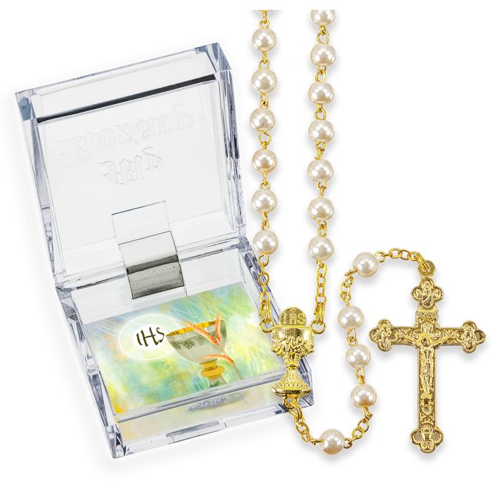 White Pearl Bead Communion Rosary, Boxed