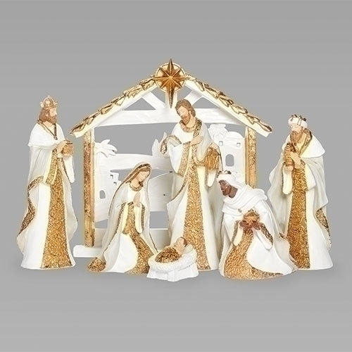11"H 7 piece Nativity, white with Gold Pattern