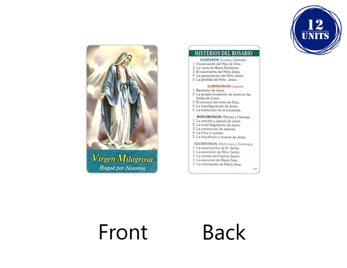 Estampa católica con oración en español, holy card 3.5 x 2 inch – Virgen Milagrosa - Misterios del Rosario / 12