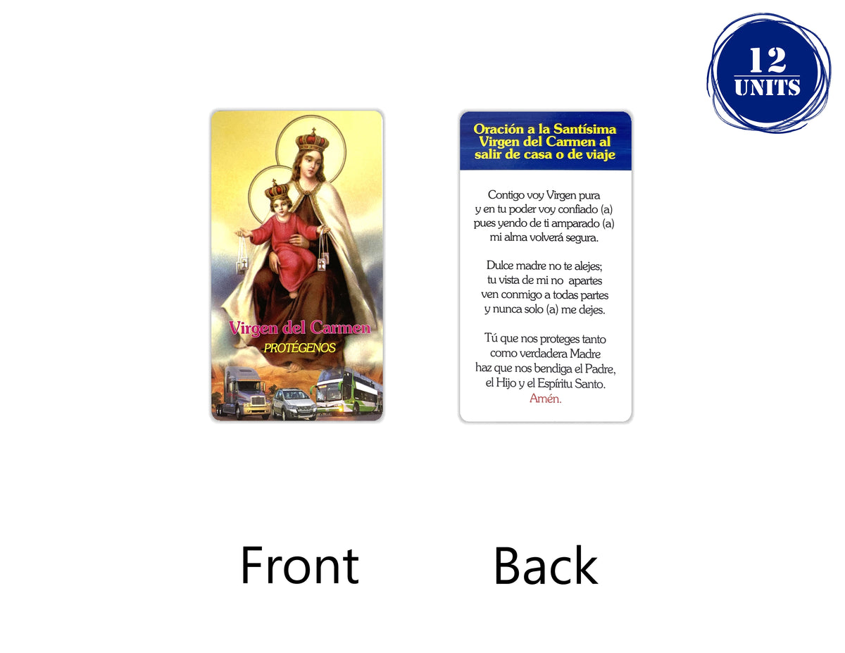 Estampa católica con oración en español, holy card 3.5 x 2 inch – Oración a la Santísima Virgen del Carmen al salir de casa o de viaje / 12