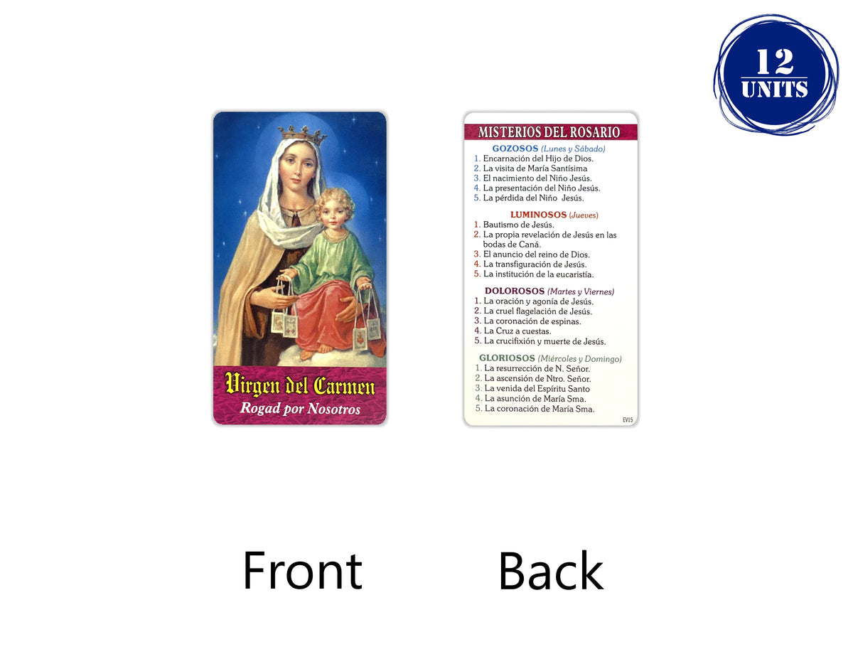 Estampa católica con oración en español, holy card 3.5 x 2 inch – Virgen del Carmen - Misterios del Rosario -02 / 12