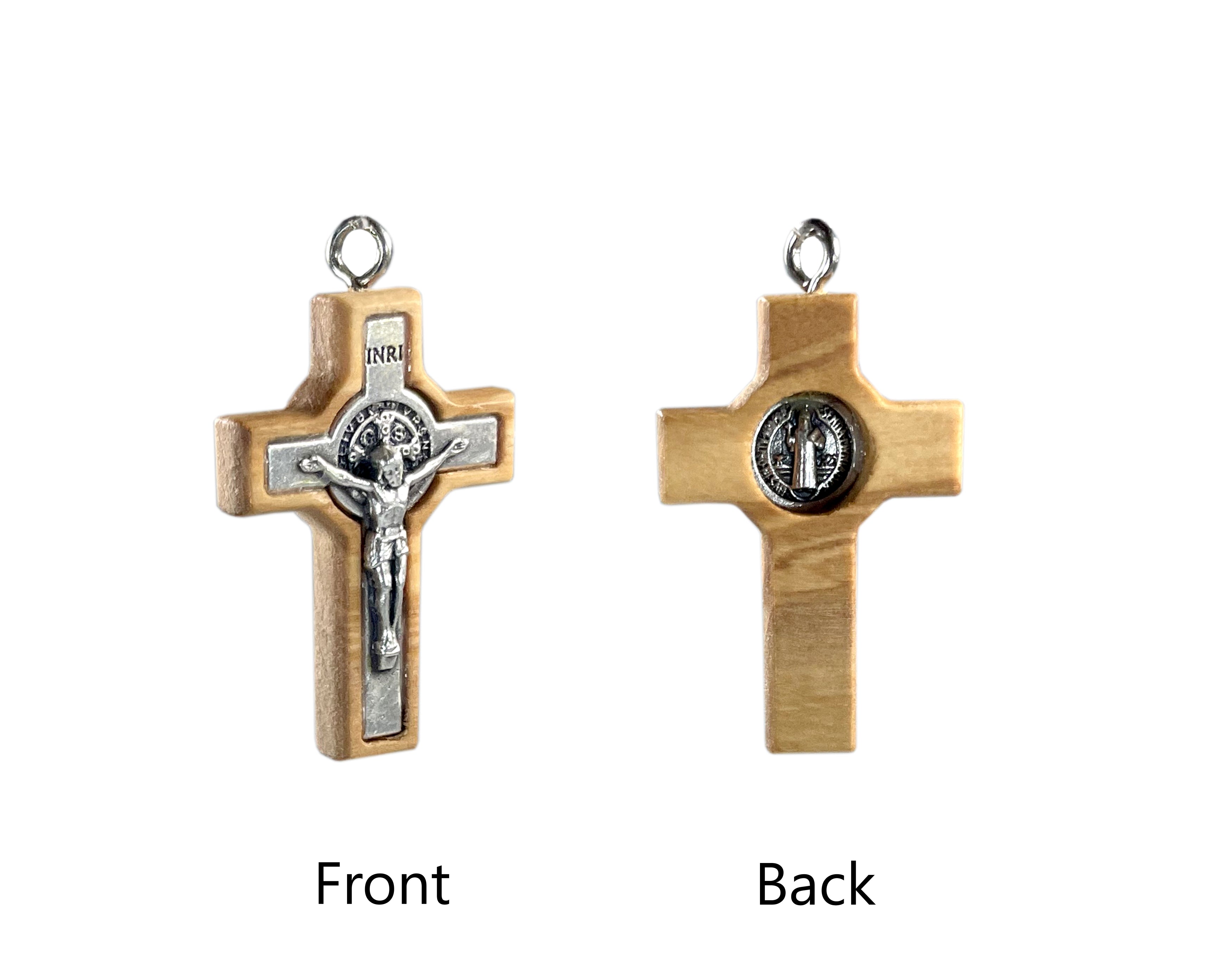 Wooden crucifix with oxidized silver Corpus and Saint Benedict medal 1.5"