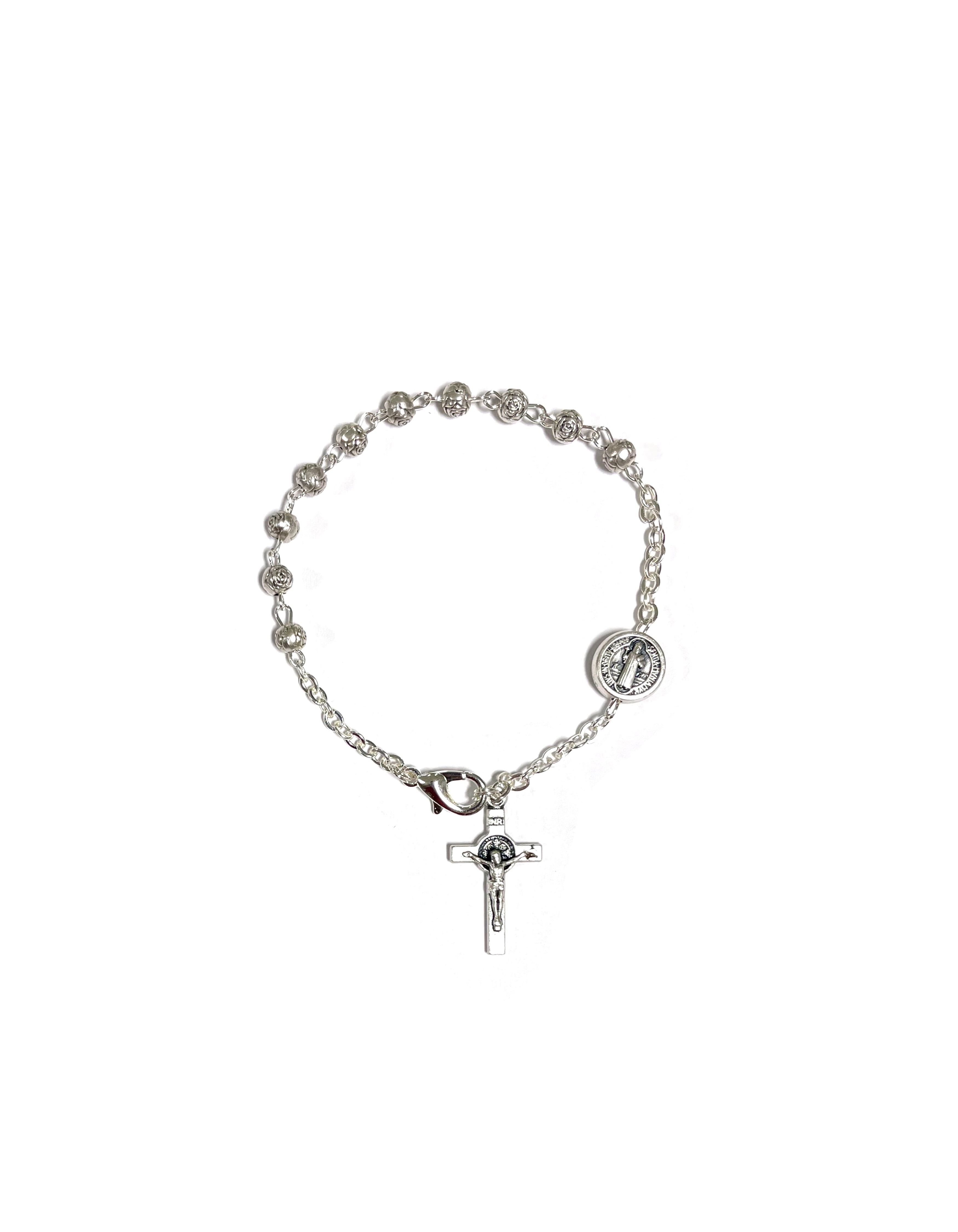 Oxidized silver Saint Benedict bracelet with rose-shaped beads