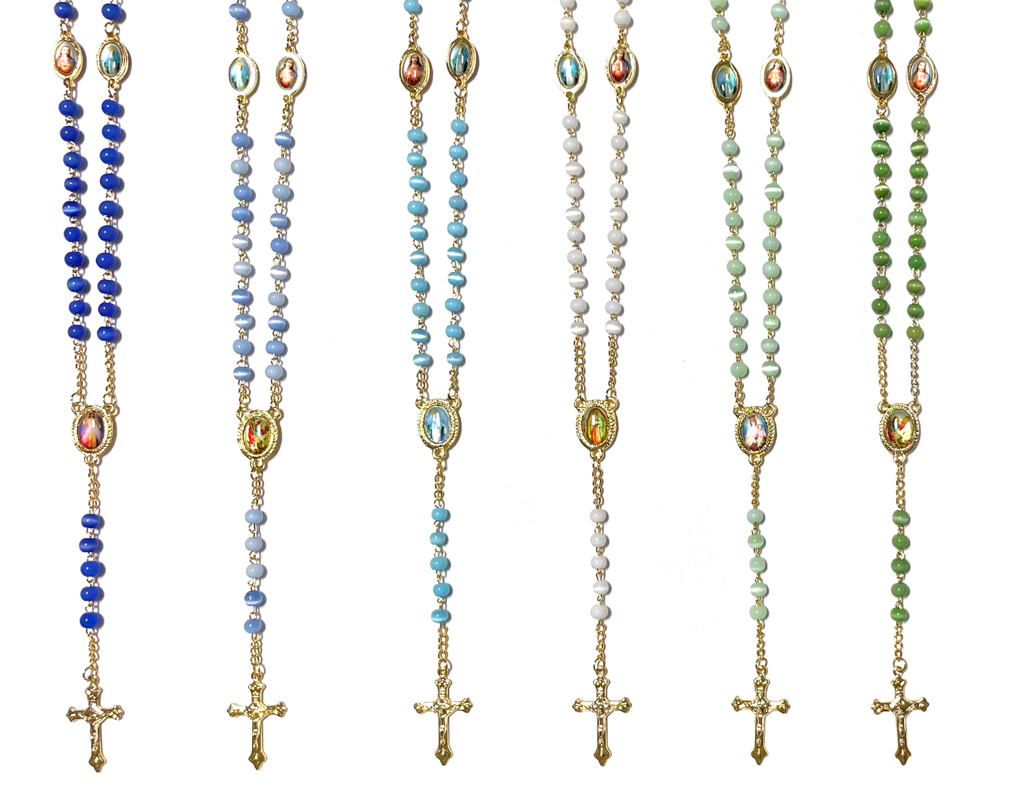 Cat's eye stone rosary with medals of various saints in each mystery