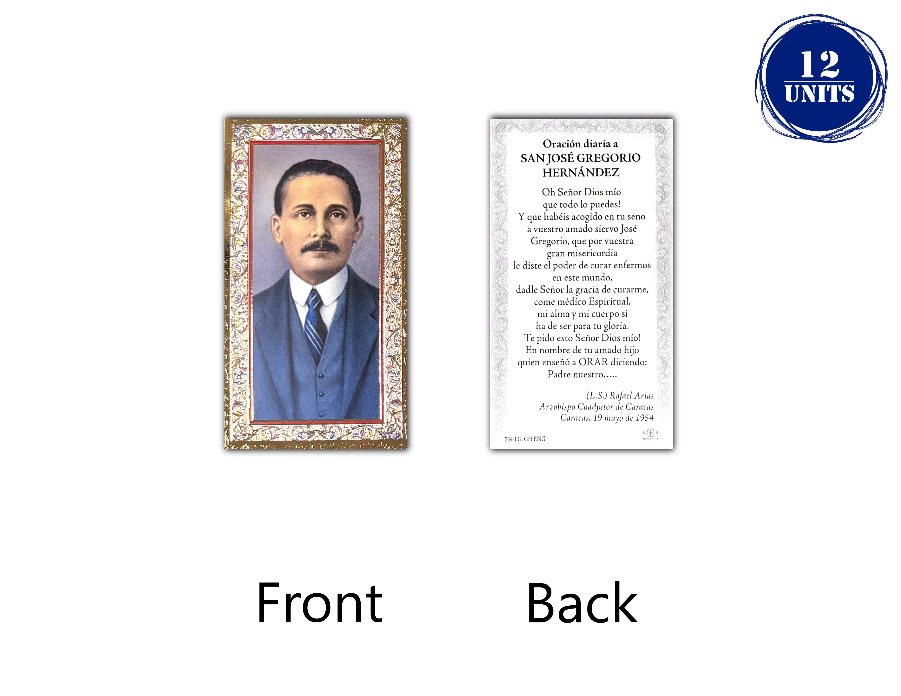 Catholic prayer cards of Saint Jose Gregorio Hernandez in Spanish and English