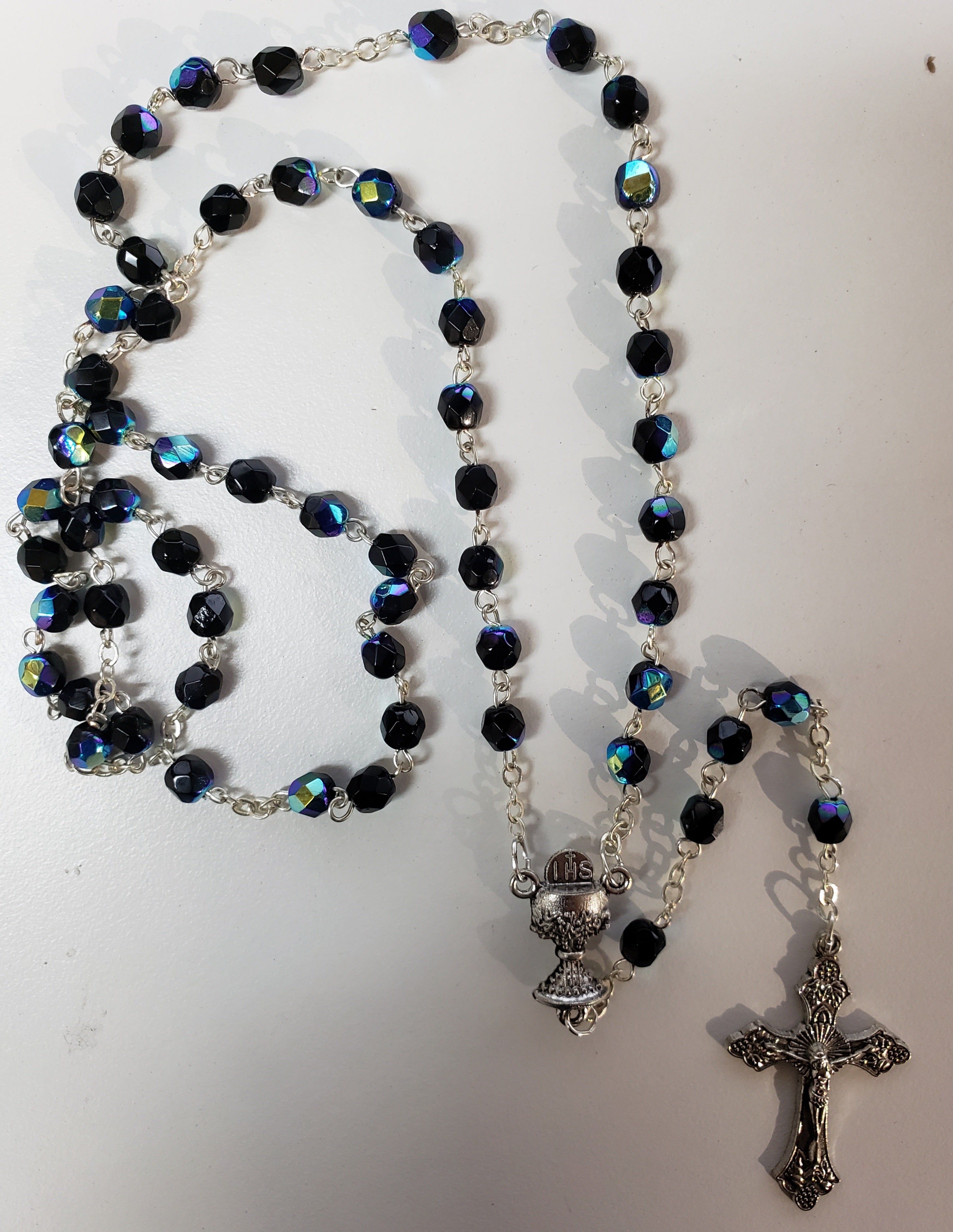 5mm Jet Aurora Borealis Crystal Bead Communion Rosary with Crucifix and Chalice Center