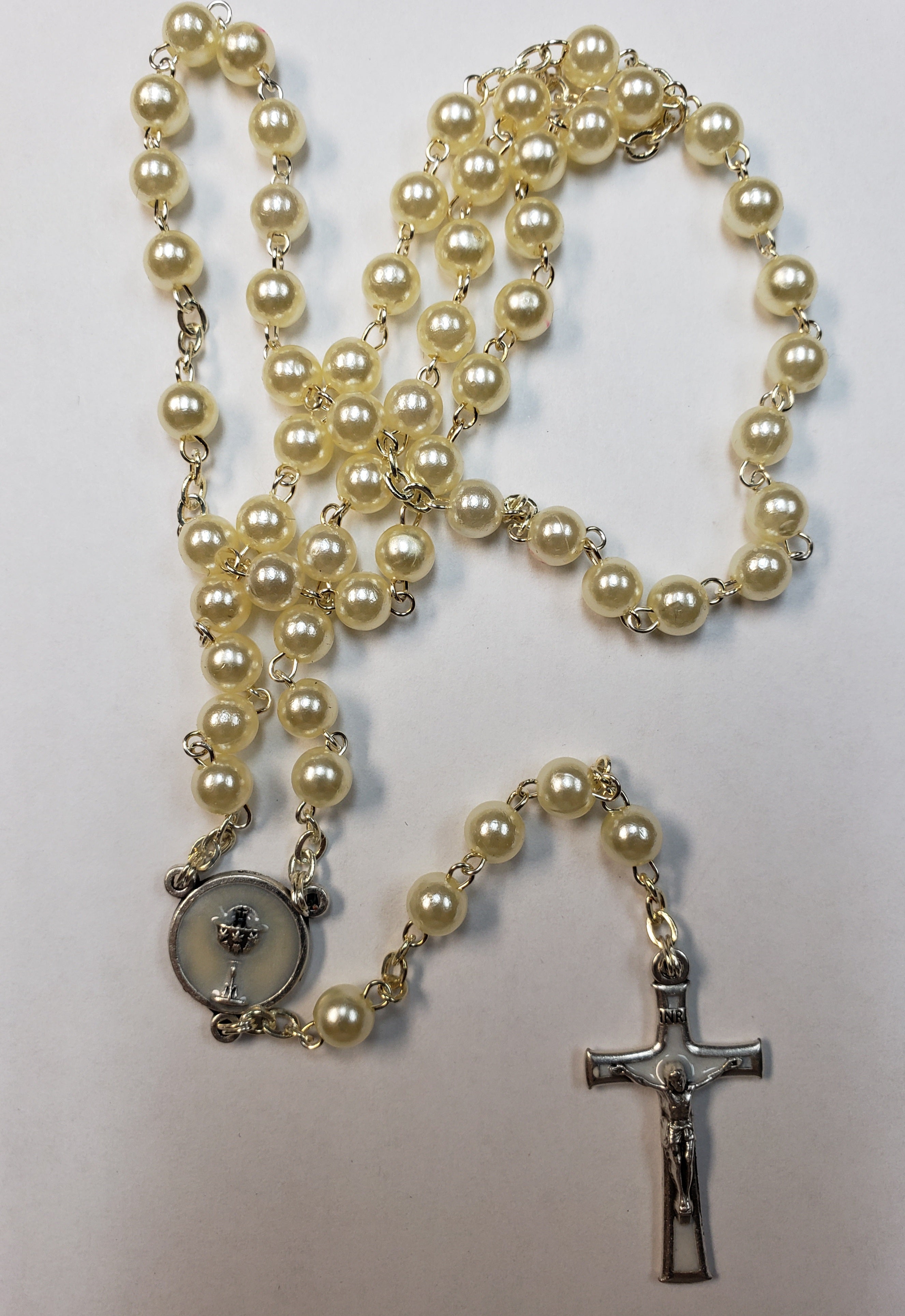 First Communion White Pearl Glass Beads Rosary