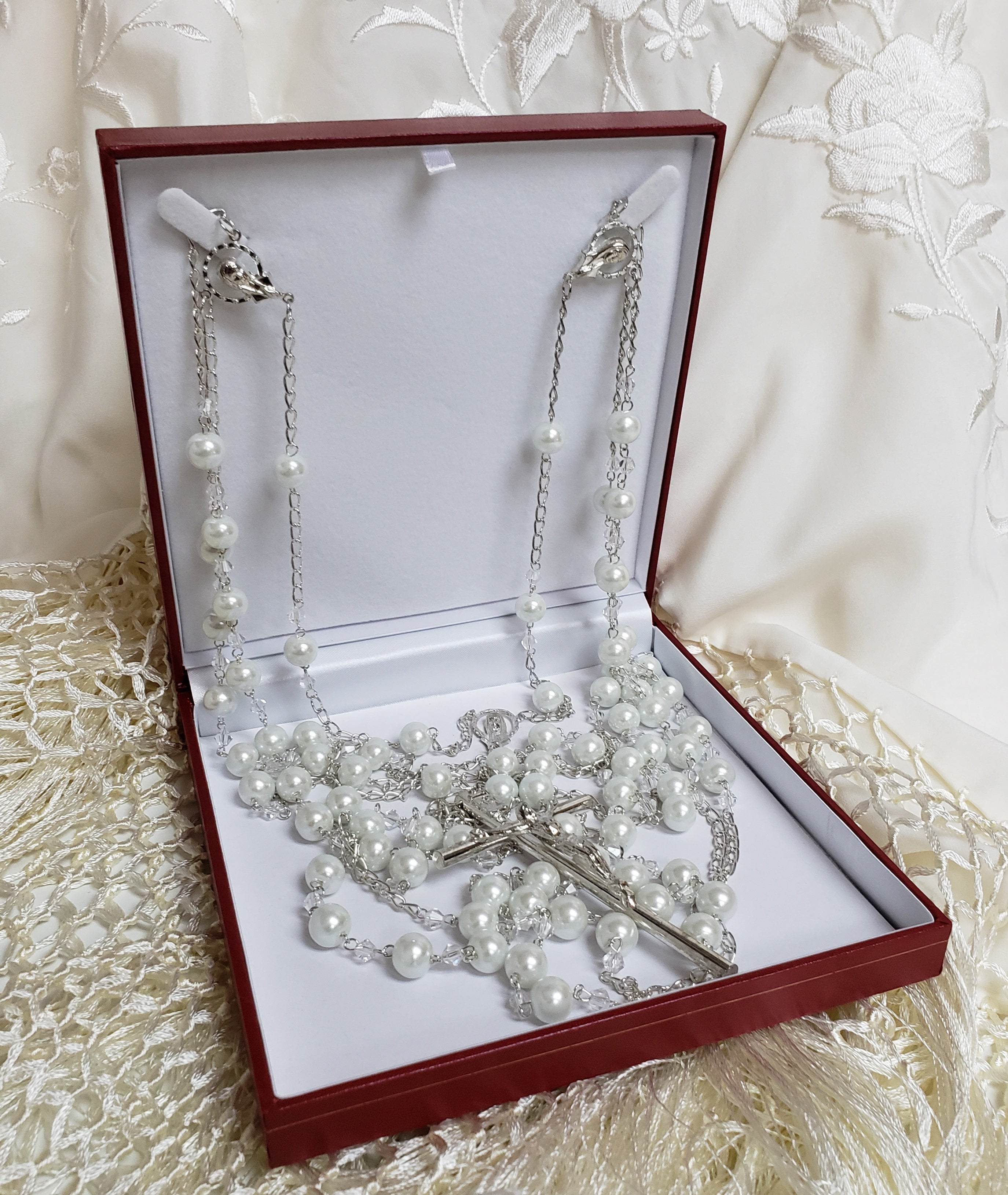 Silver Pearl Wedding Rosary Lasso - Lazo de Bodas de Perlas