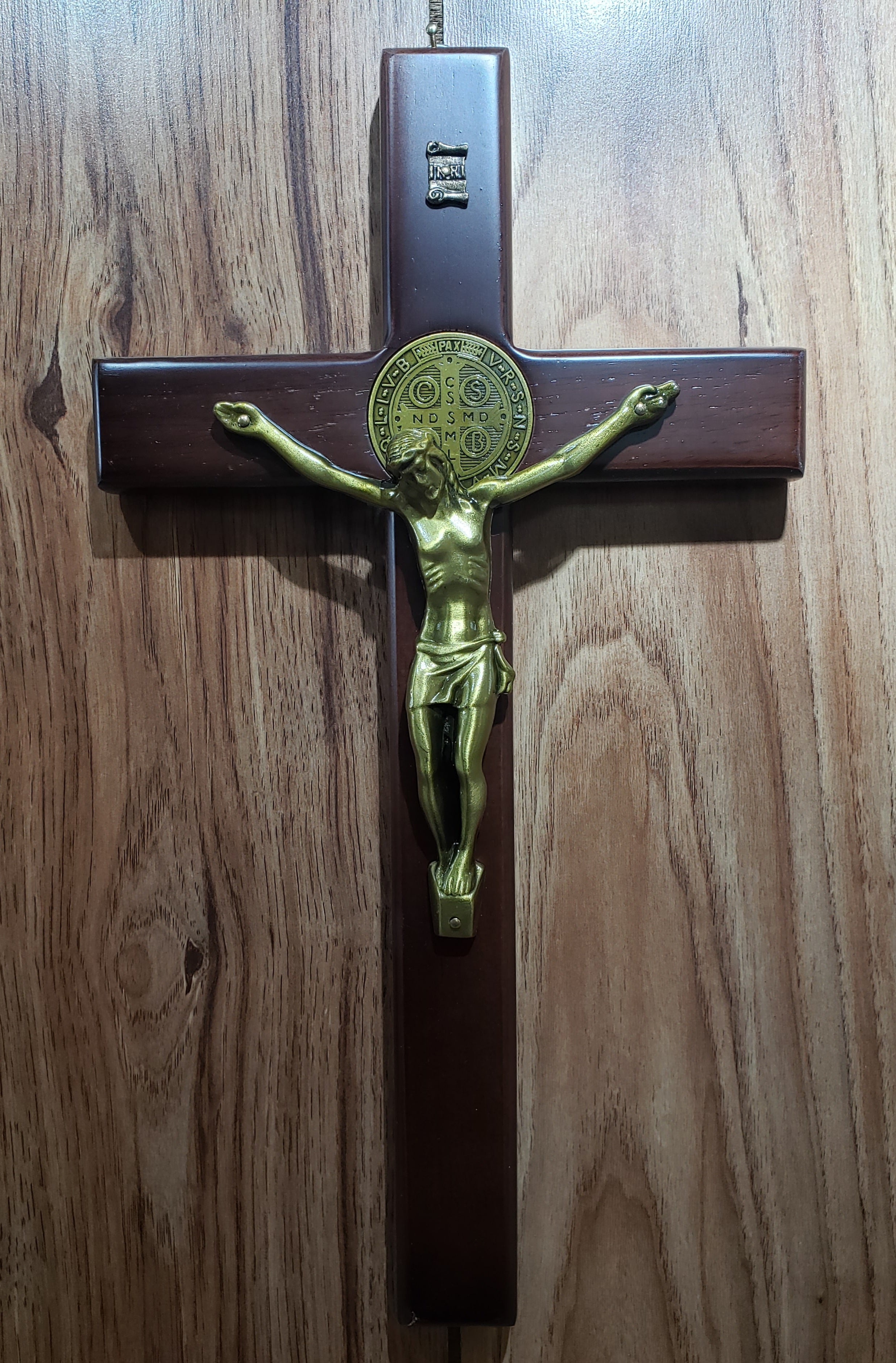 Saint Benedict brown wooden cross with gold medal