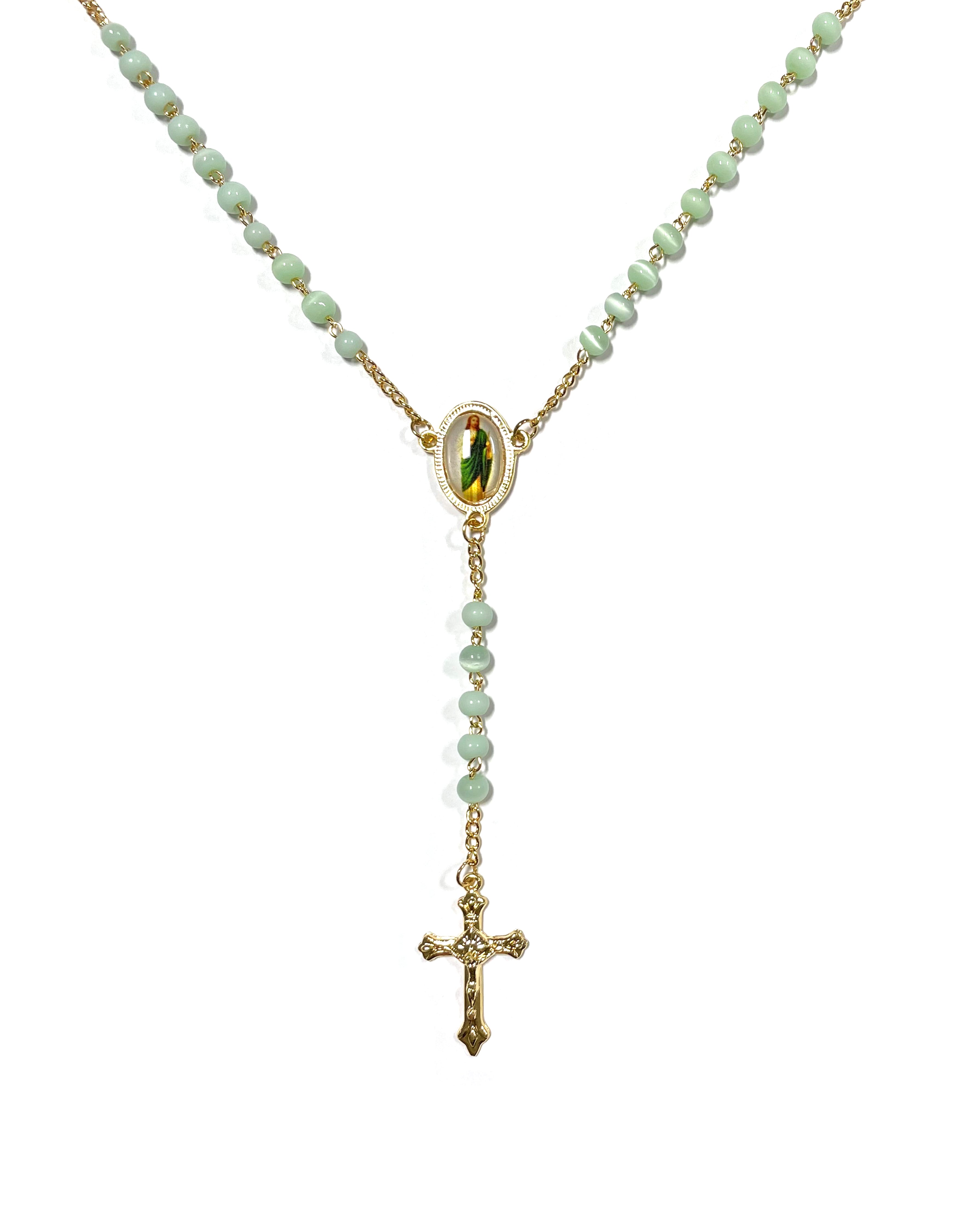 Gold and green Saint Jude rosary with Cat's Eye beads