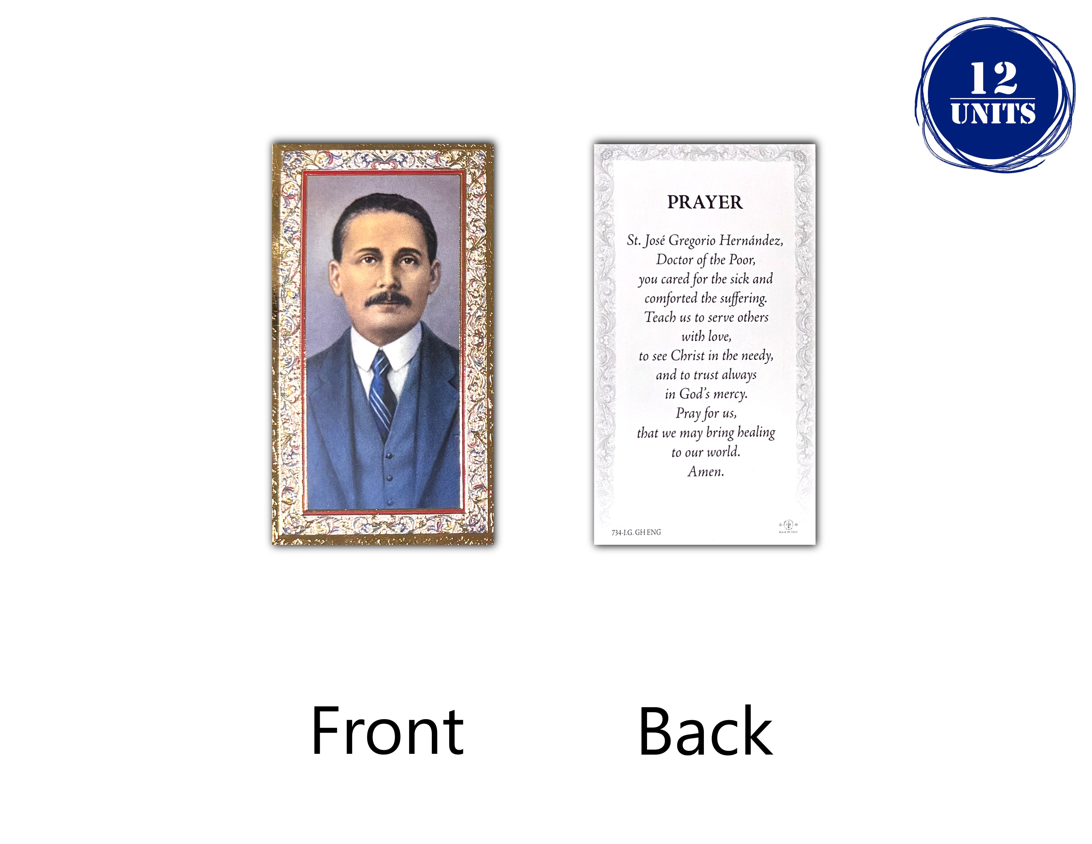 Catholic prayer cards of Saint Jose Gregorio Hernandez in Spanish and English