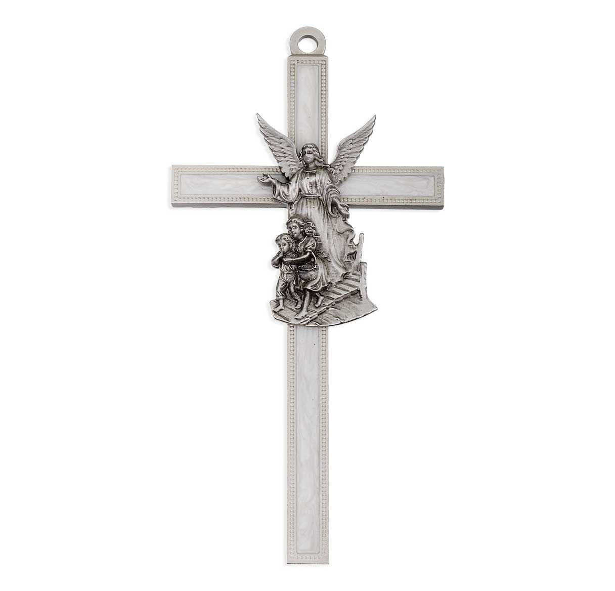 Guardian Angel in Genuine Lead Free Pewter on 5" White Pearl Epoxy Pewter Cross