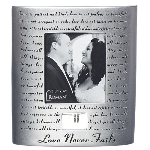 7"H Wedding Frame; Love Never Fails holds 3.5"x4" picture