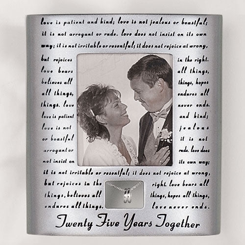 7"H Wedding Frame; Love Never Fails holds 3.5"x4" picture 25th Anniversary