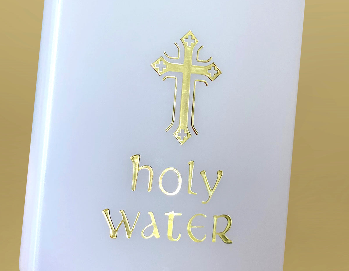 Plastic holy water bottle with golden details and safety cap – view 4