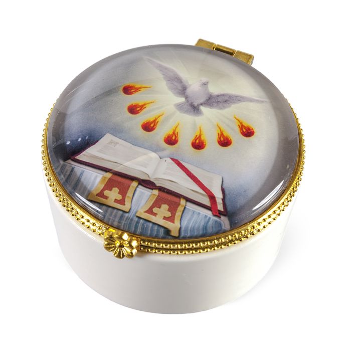 Porcelain Rosary Box with Confirmation Holy Spirit Glass Cover 1 1/2" high x 2 3/8" diamete