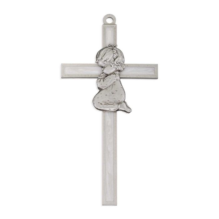 Girl Figure in Genuine Lead Free Pewter on 5" White Pearl Epoxy Pewter Cross -Boxed. (Copy)