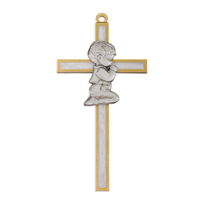 Boy Figure in Genuine Lead Free Pewter on 5" White Pearl Epoxy Pewter Cross -Boxed. (Copy)