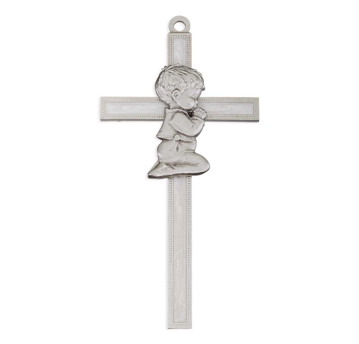 Boy Figure in Genuine Lead Free Pewter on 5" White Pearl Epoxy Pewter Cross -Boxed.