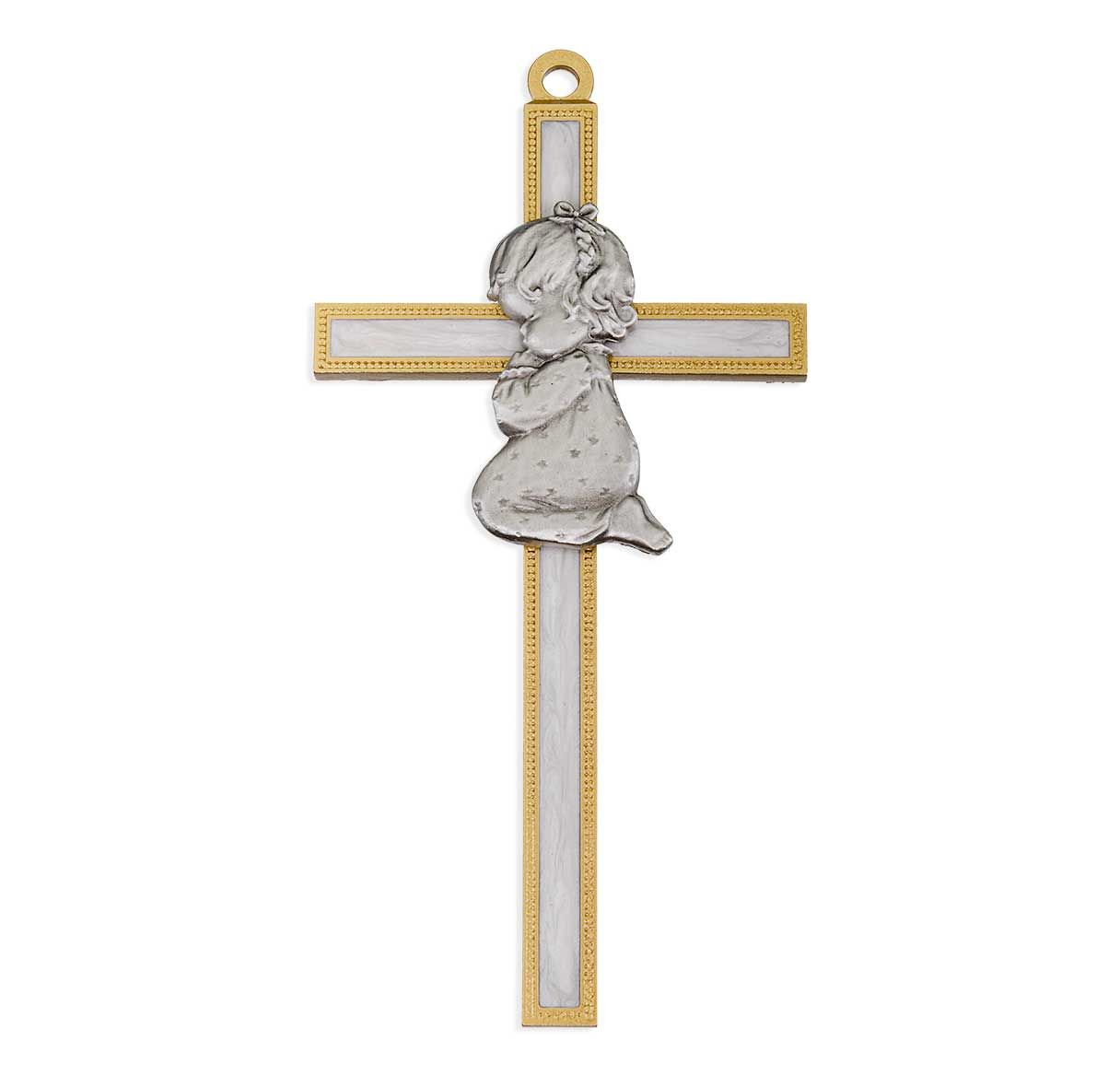 Girl Figure in Genuine Lead Free Pewter on 5" White Pearl Epoxy Pewter Cross -Boxed.