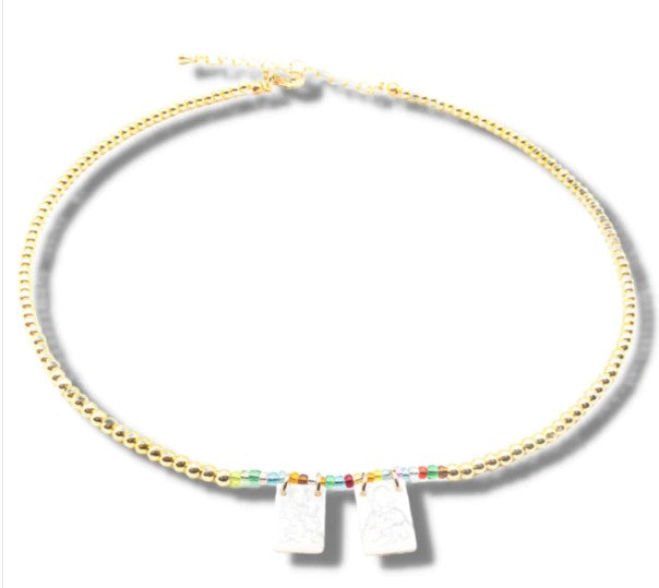 Mother of Pearl Scapular Pendants on Gold-Plated Beaded Choker Necklace