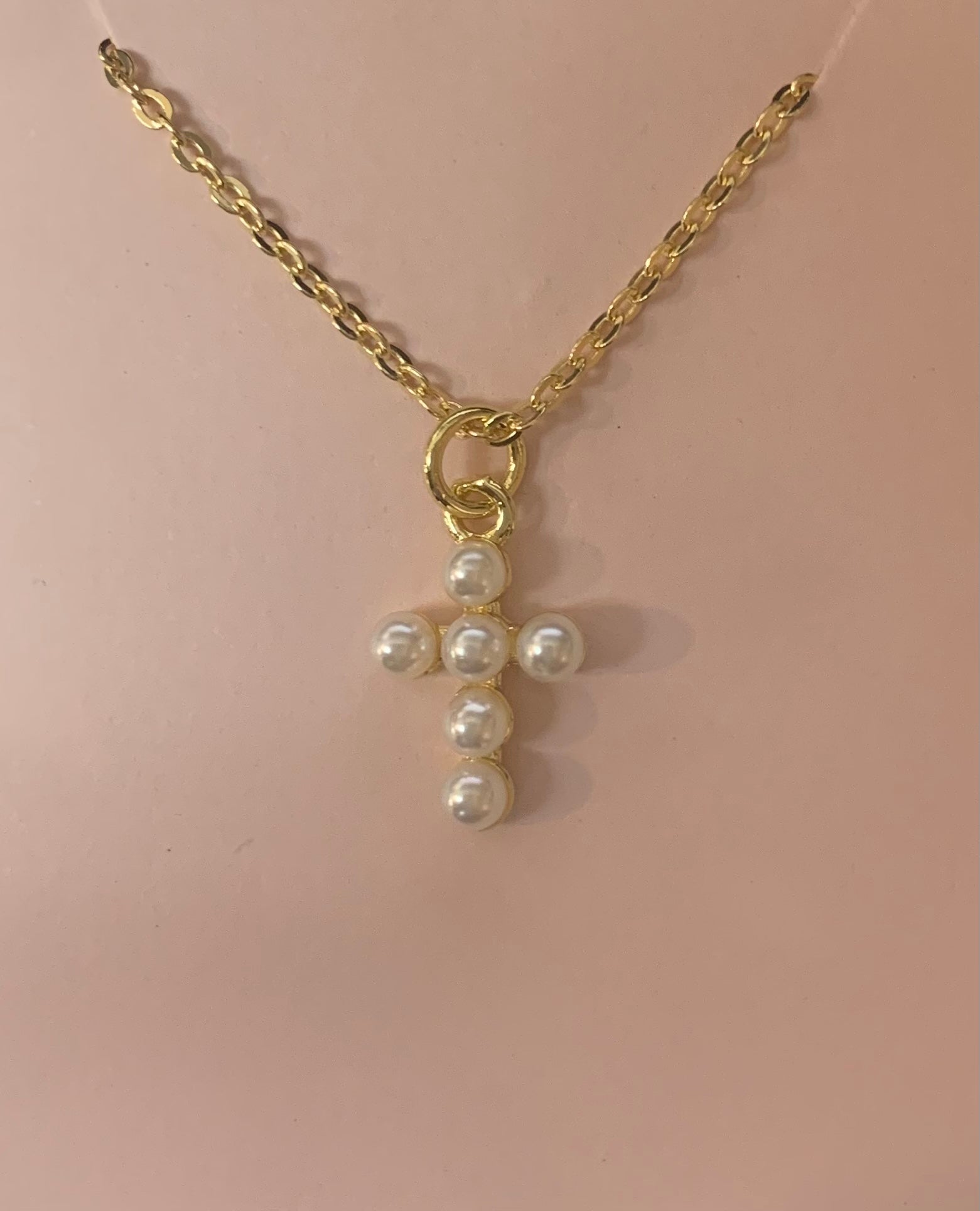 Dainty faux pearl cross with gold filled chain