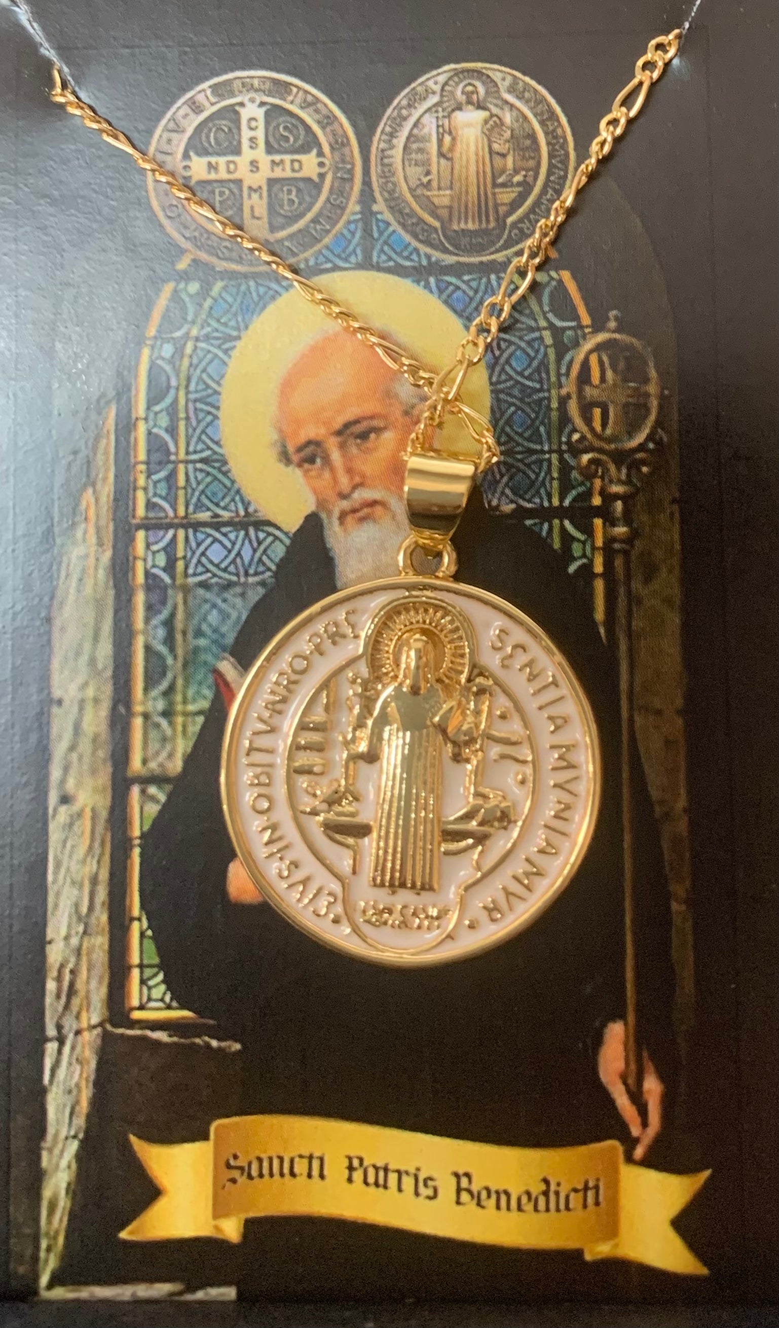 Gold filled and white Saint Benedict medal with a chain