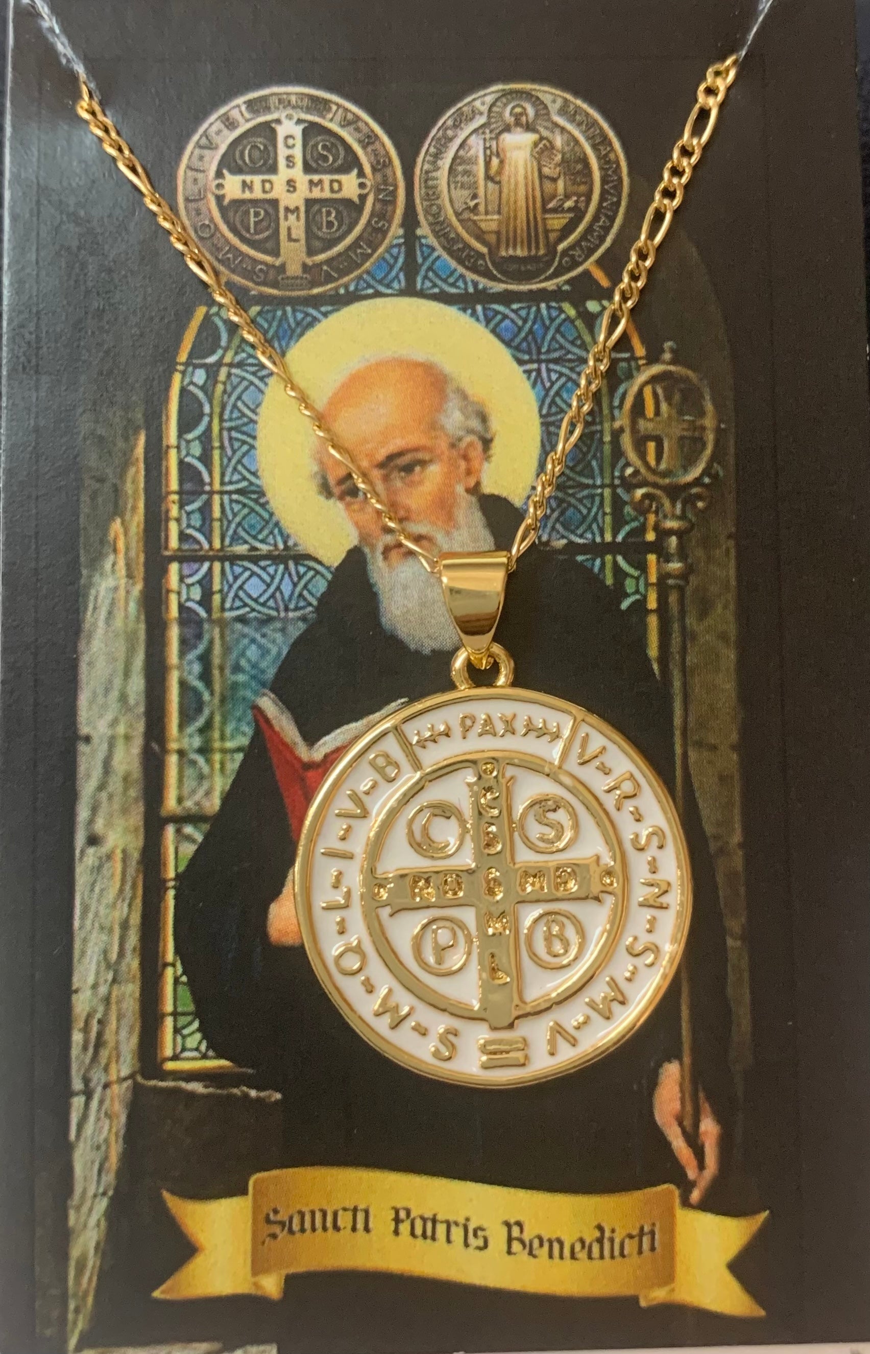 Gold filled and white Saint Benedict medal with a chain