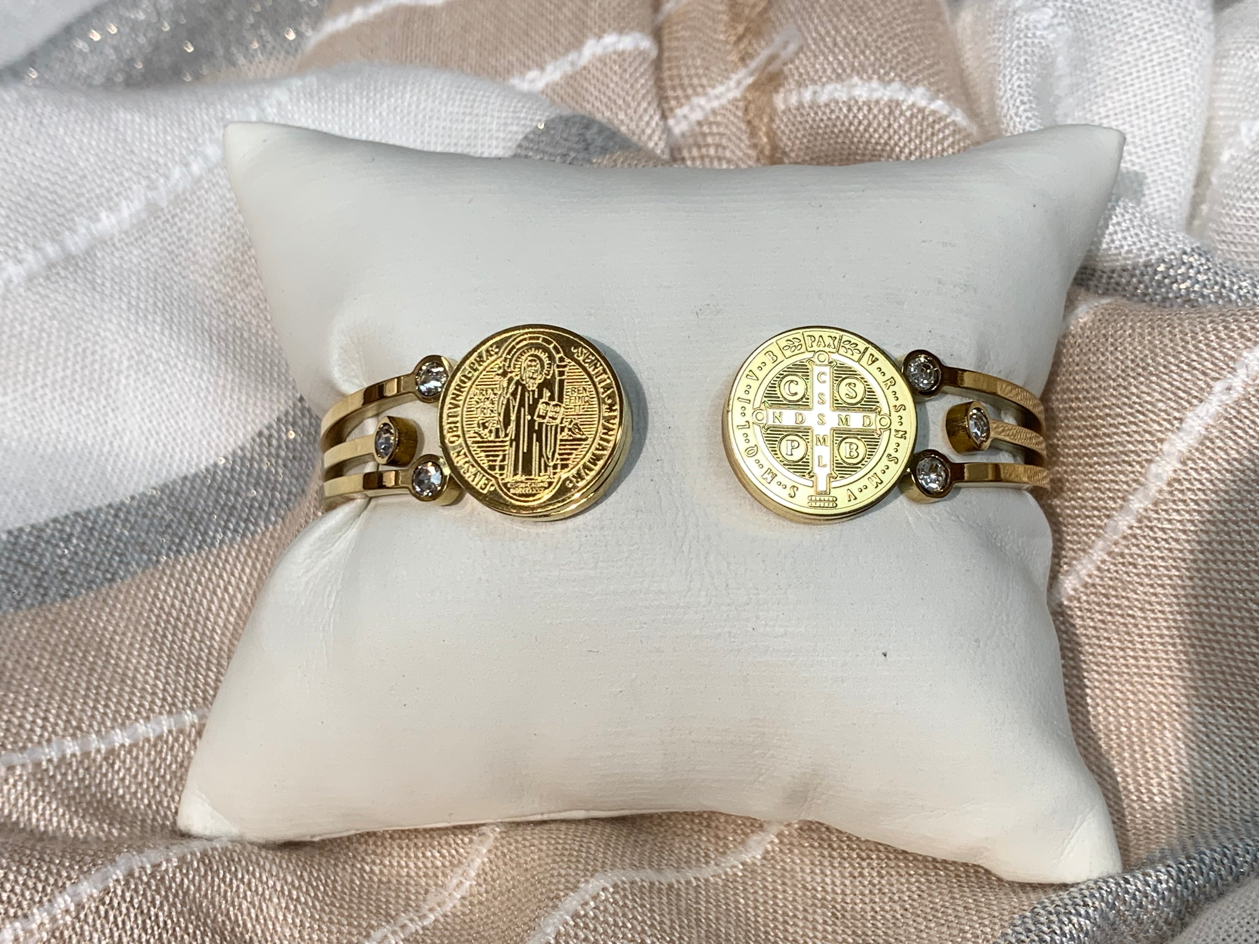 Stainless Steel Golden St Benedict Cuff Bracelet