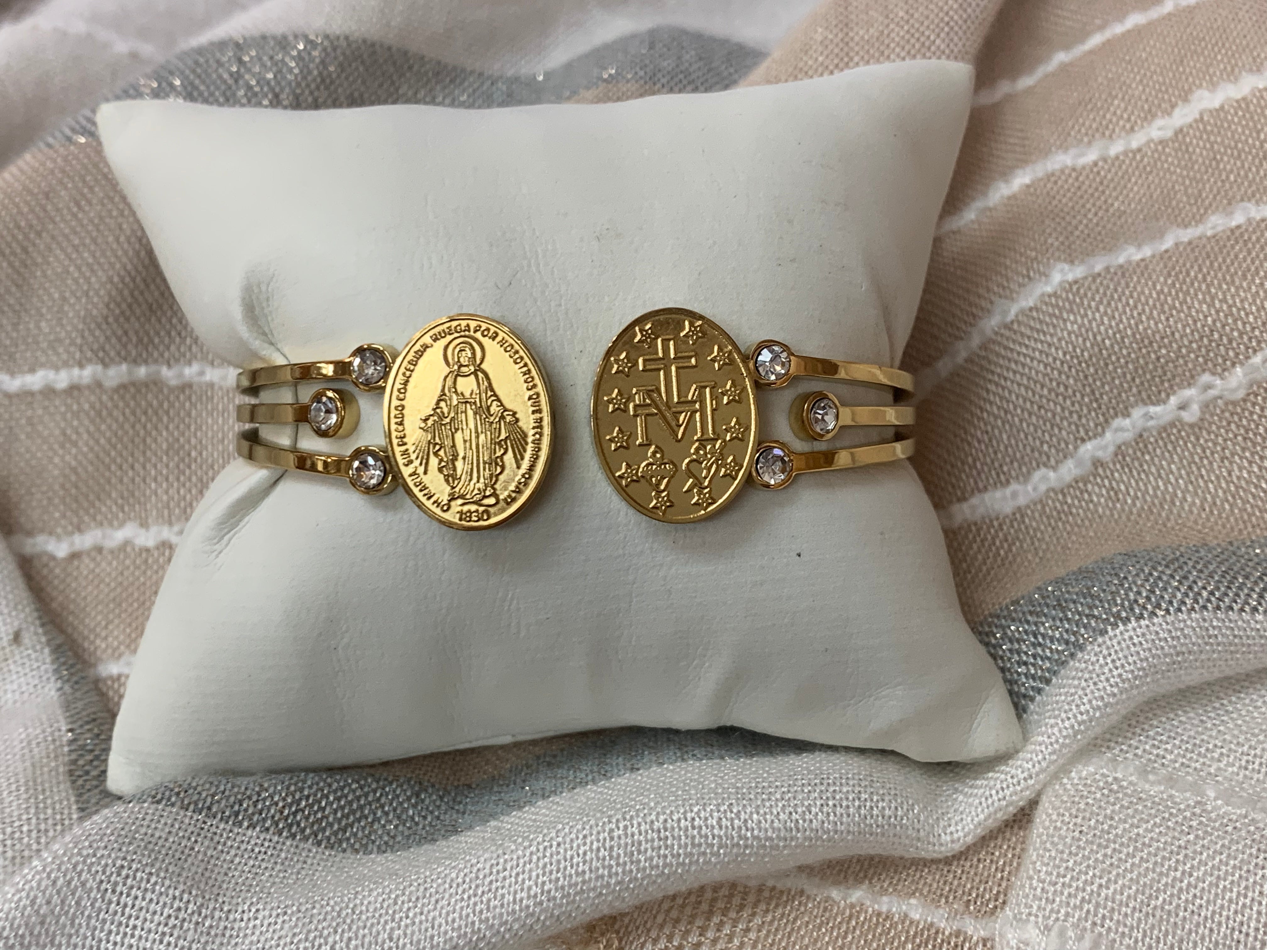 Stainless Steel Golden Miraculous Medal Cuff Bracelet