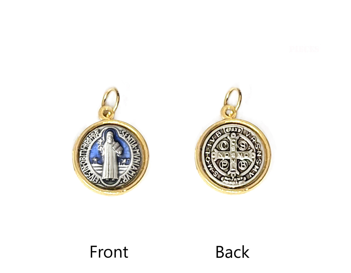 Saint Benedict medal in gold and silver tone, made in Italy – 0.6" blue enamel