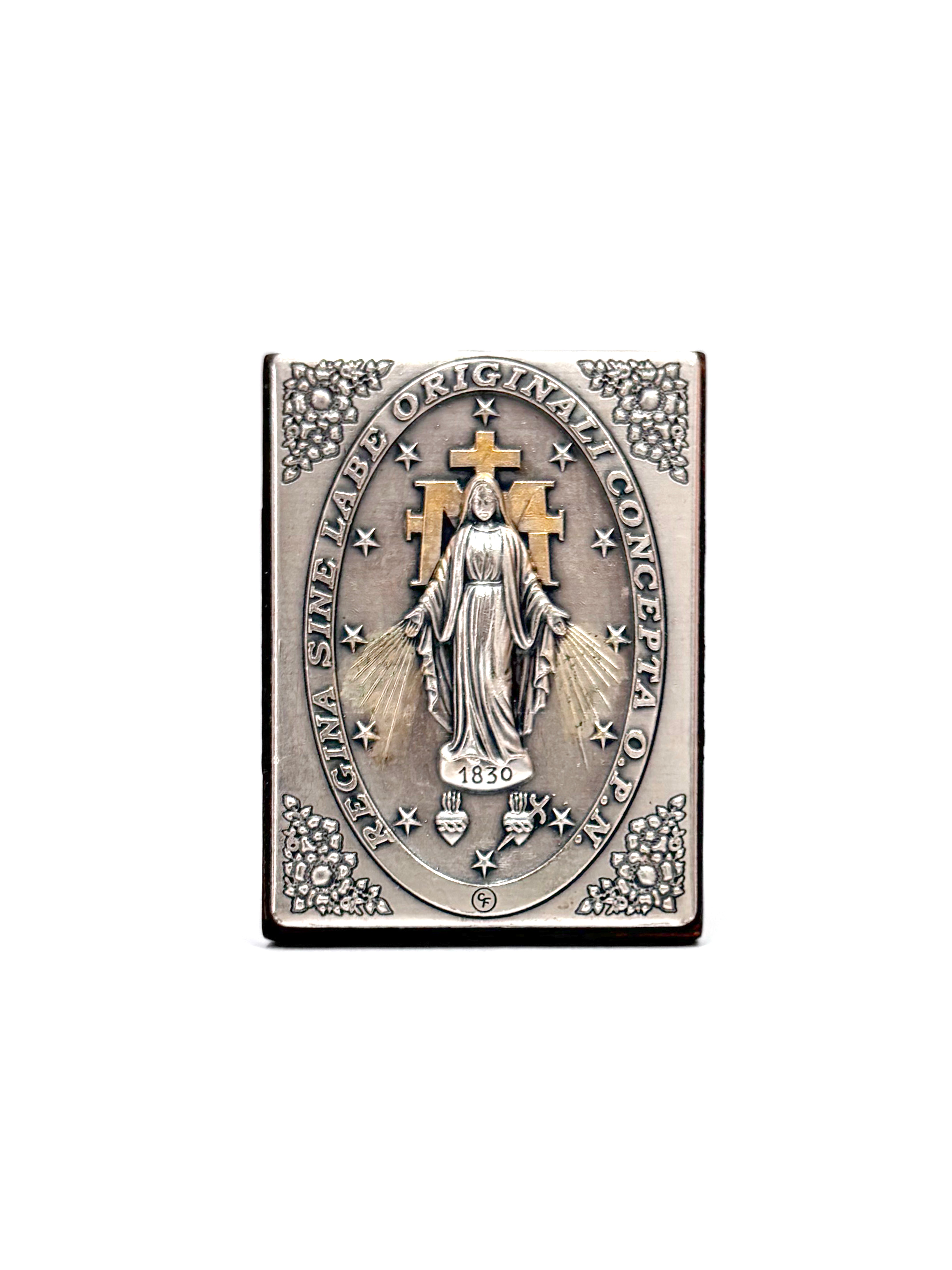 Religious images in silver and gold laminate wood frame