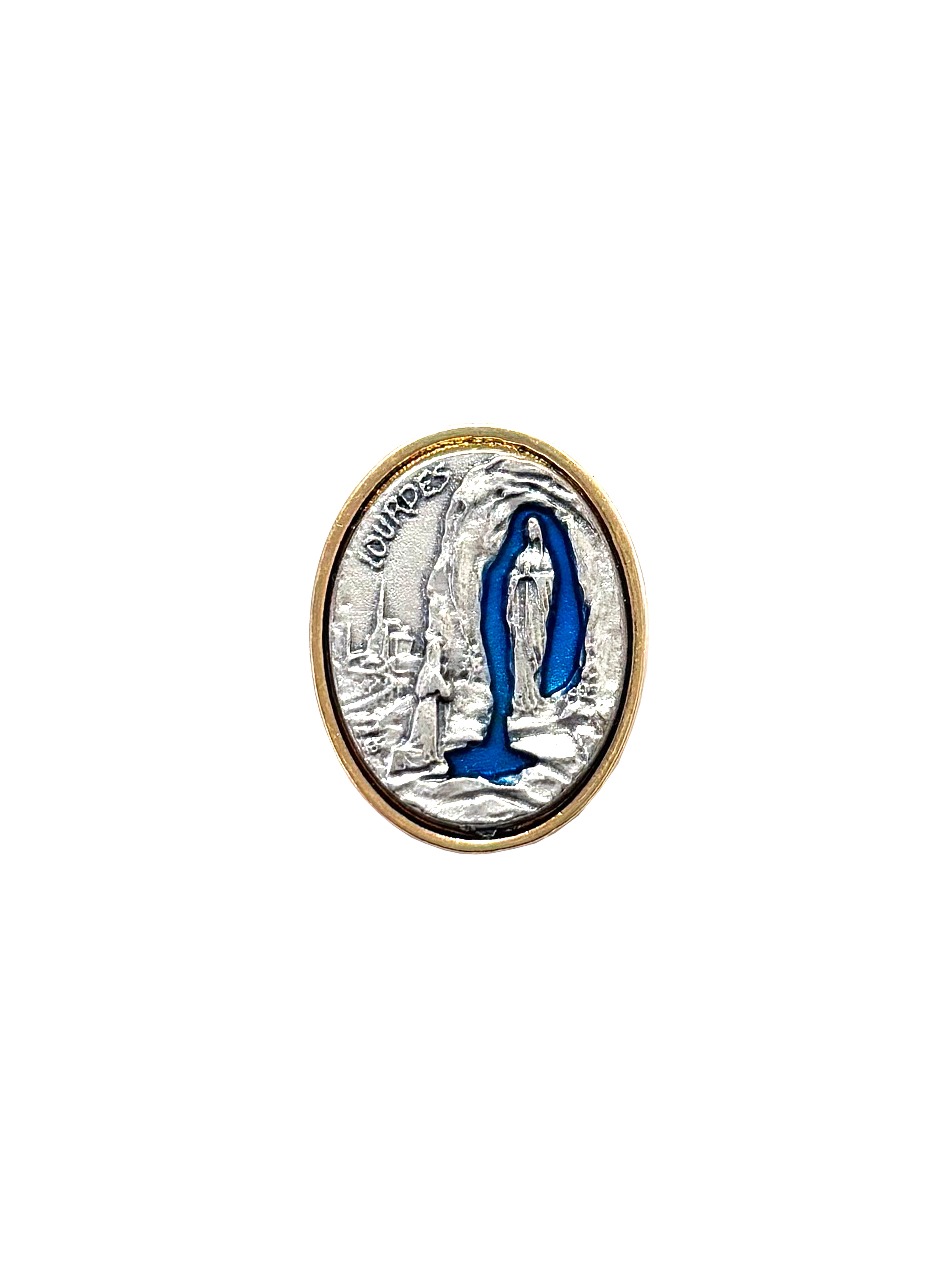 Golden round Our Lady of Lourdes lapel pin