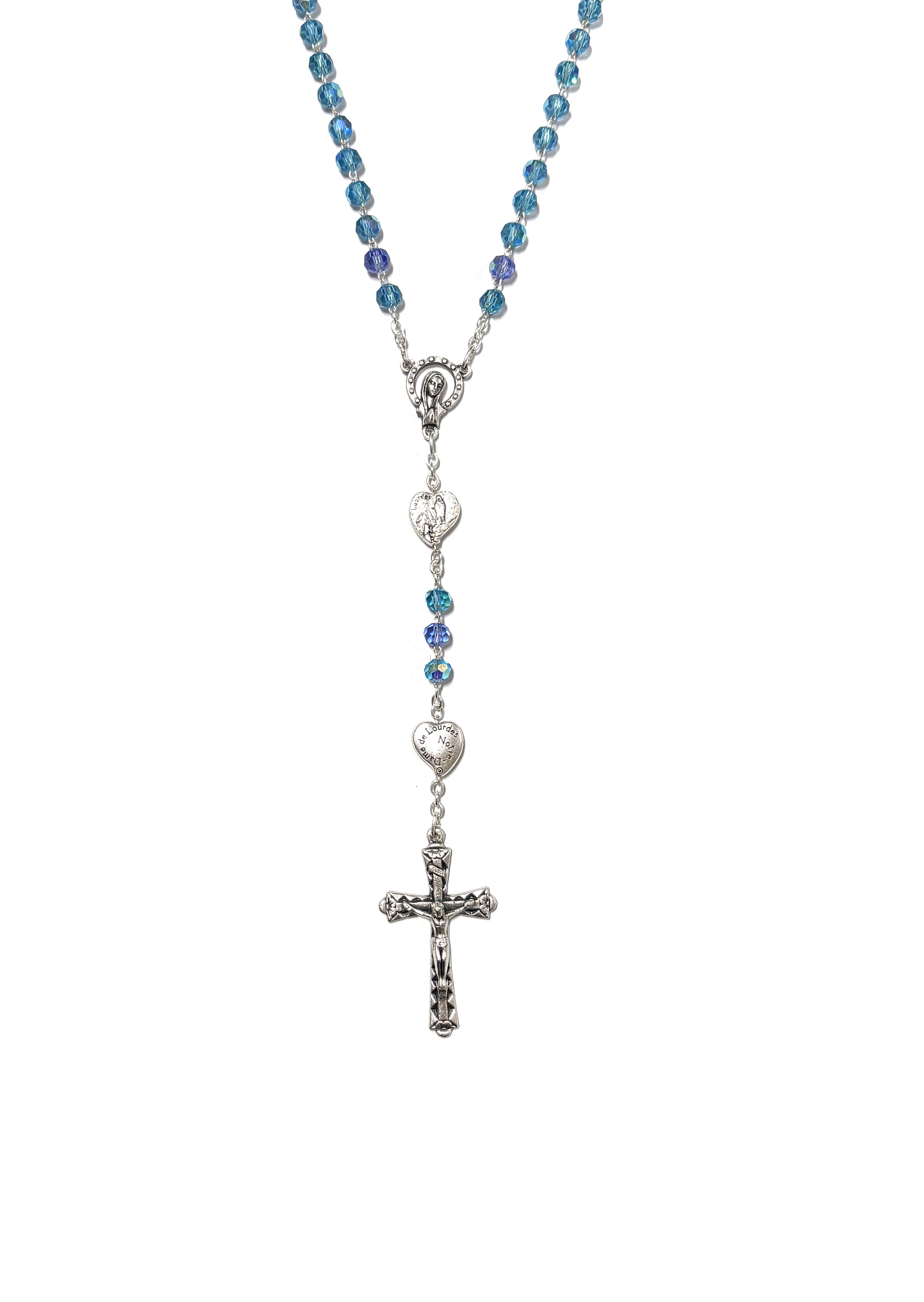 Rosary of Our Lady of Lourdes with blue cristal and heart-shaped beads