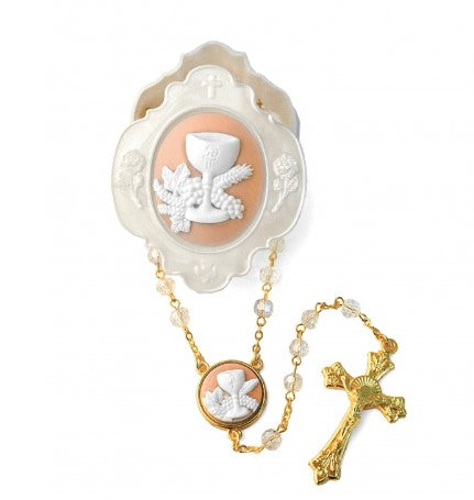 Clear beads First Holy Communion Rosary with a beautiful Rosary keeper