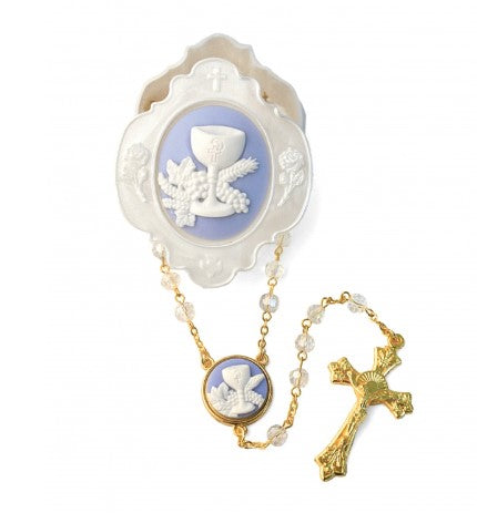 Clear beads First Holy Communion Rosary with a beautiful Rosary keeper