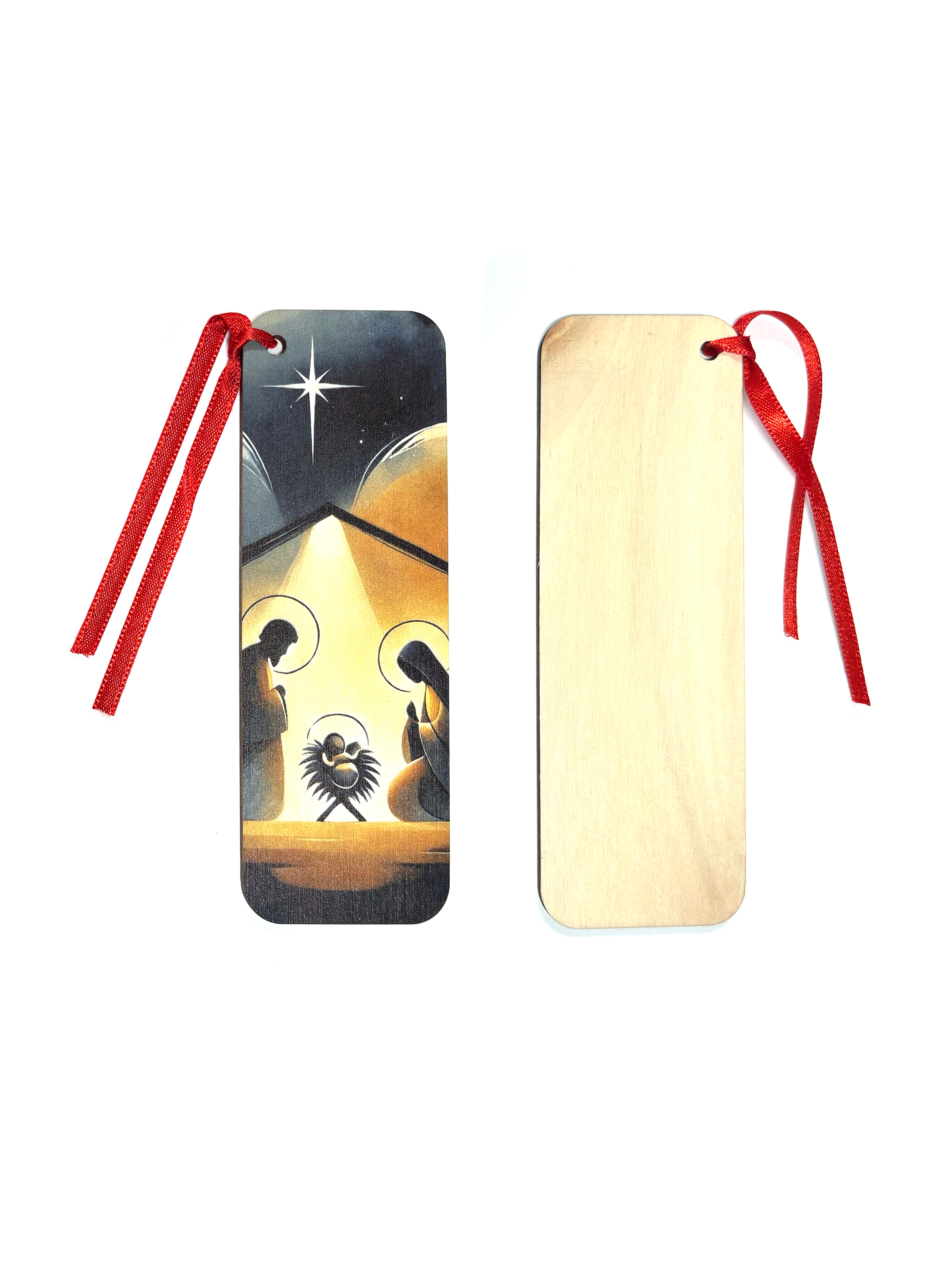 Separador de libros elaborados en madera con escena de la Natividad
