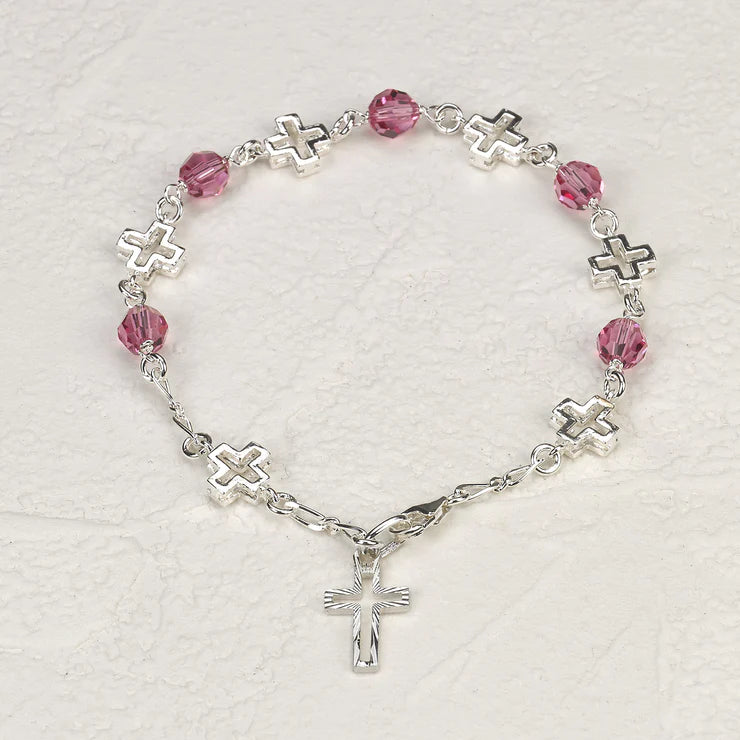Finest Austrian Crystal Red Heart Shaped Bead Sterling Silver Rosary  Bracelet
