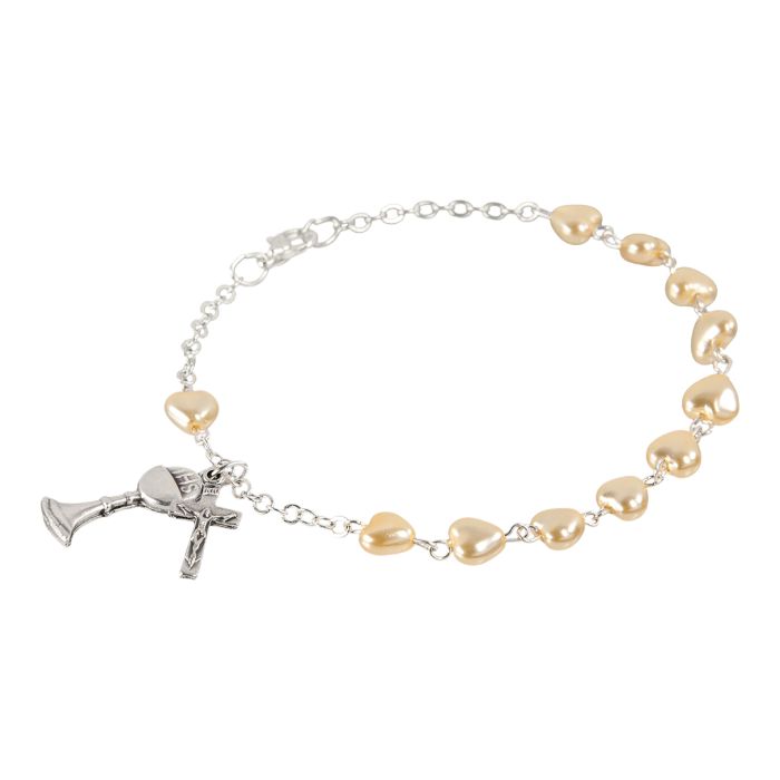 6mm Imitation Pearl Heart Shaped Bead Rosary Bracelet with Chalice and Cross