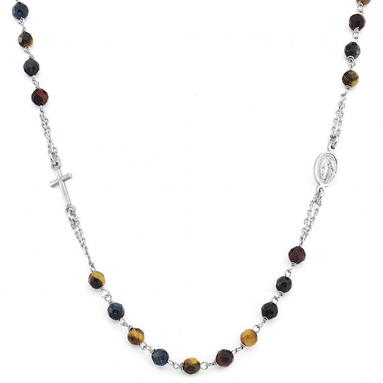 Rosary Round Tiger Eye Cross Necklace