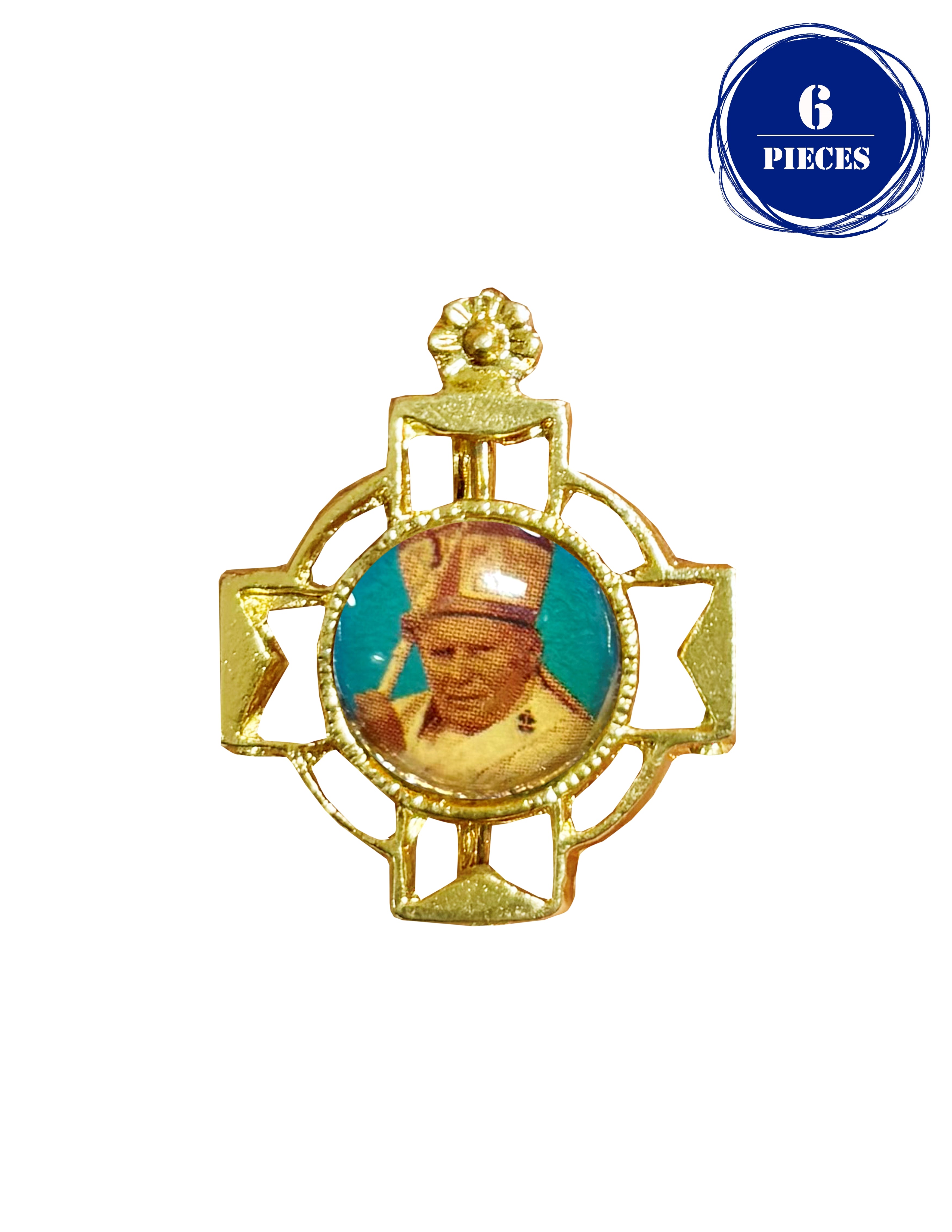 Lapel pin gold cross and enameled print