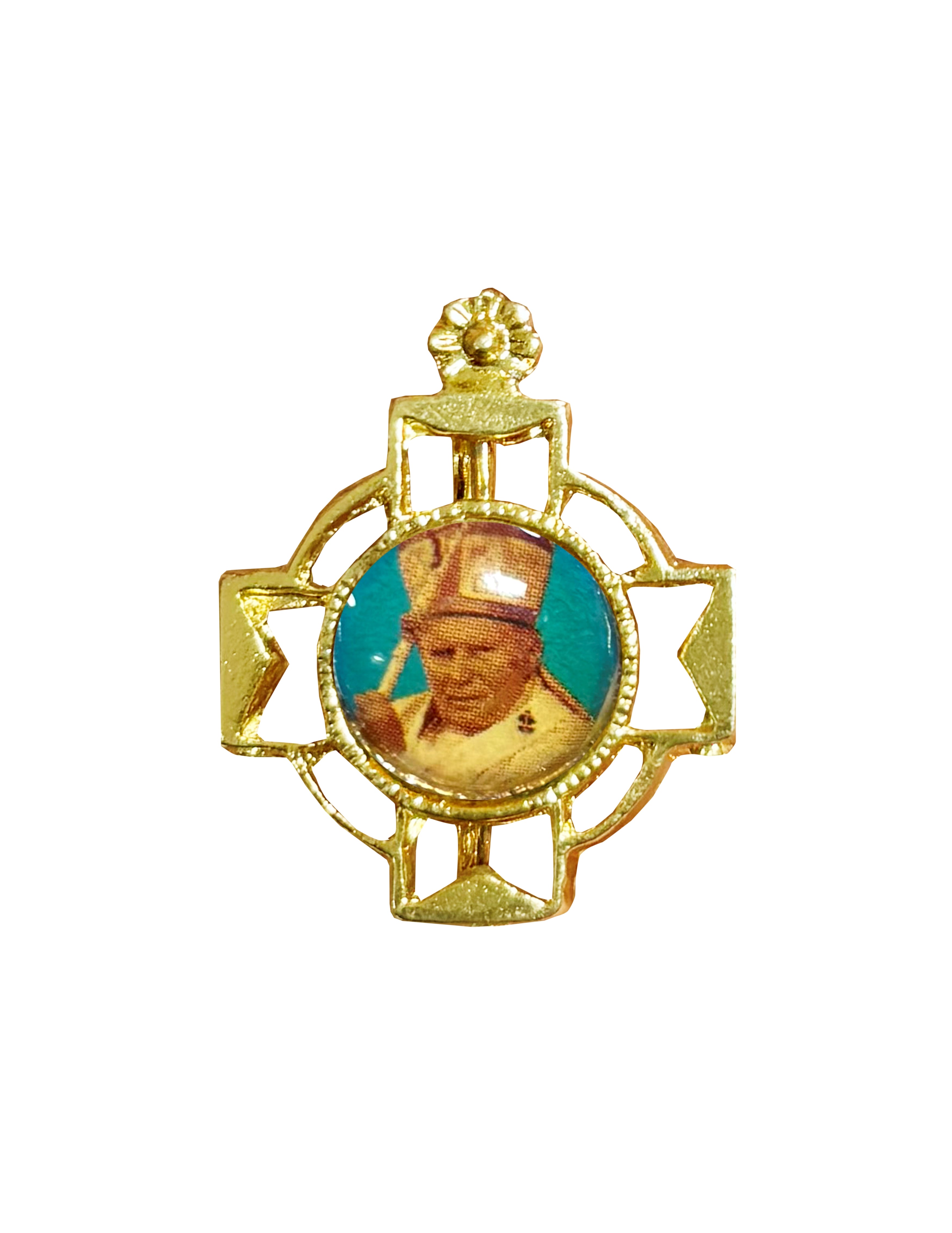 Lapel pin gold cross and enameled print