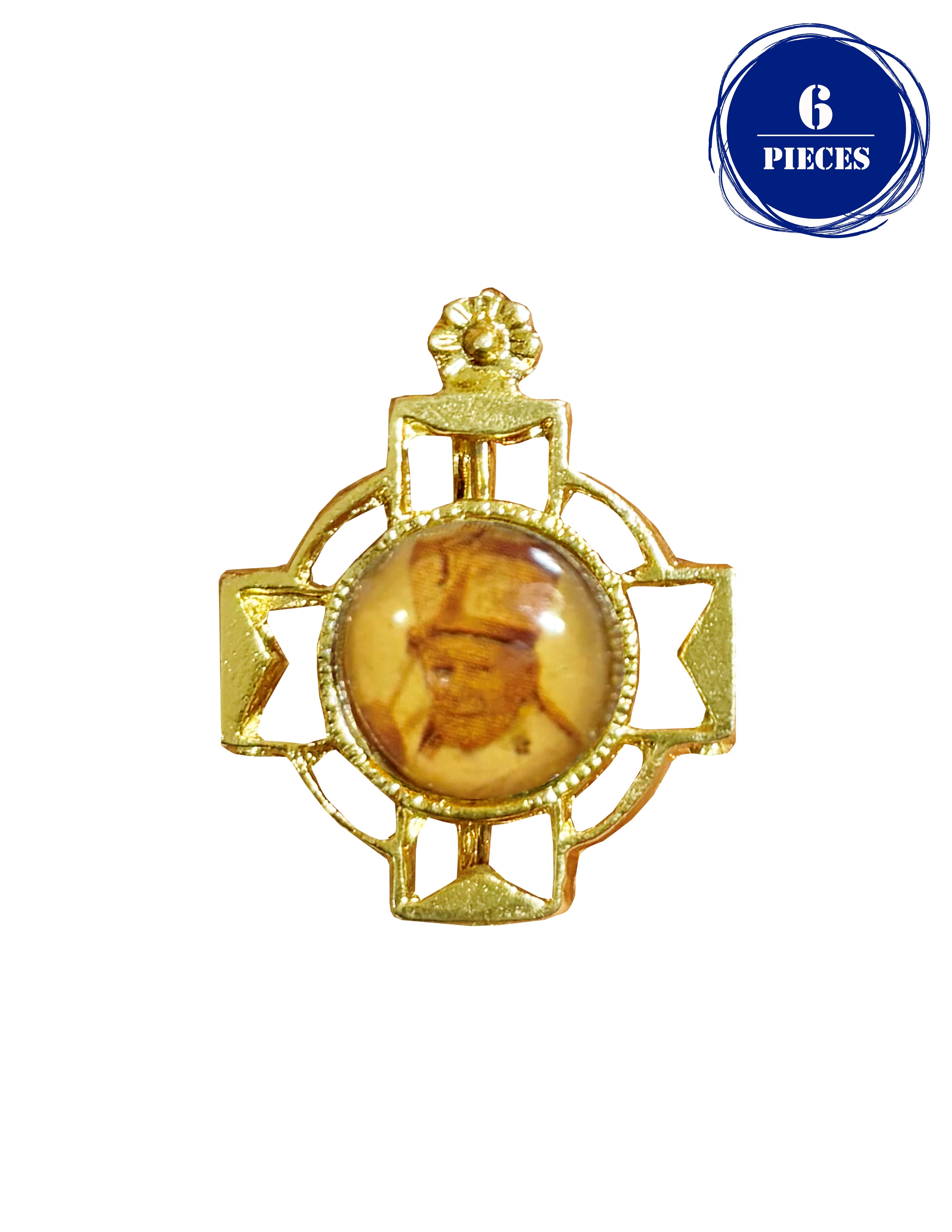 Lapel pin gold cross and enameled print