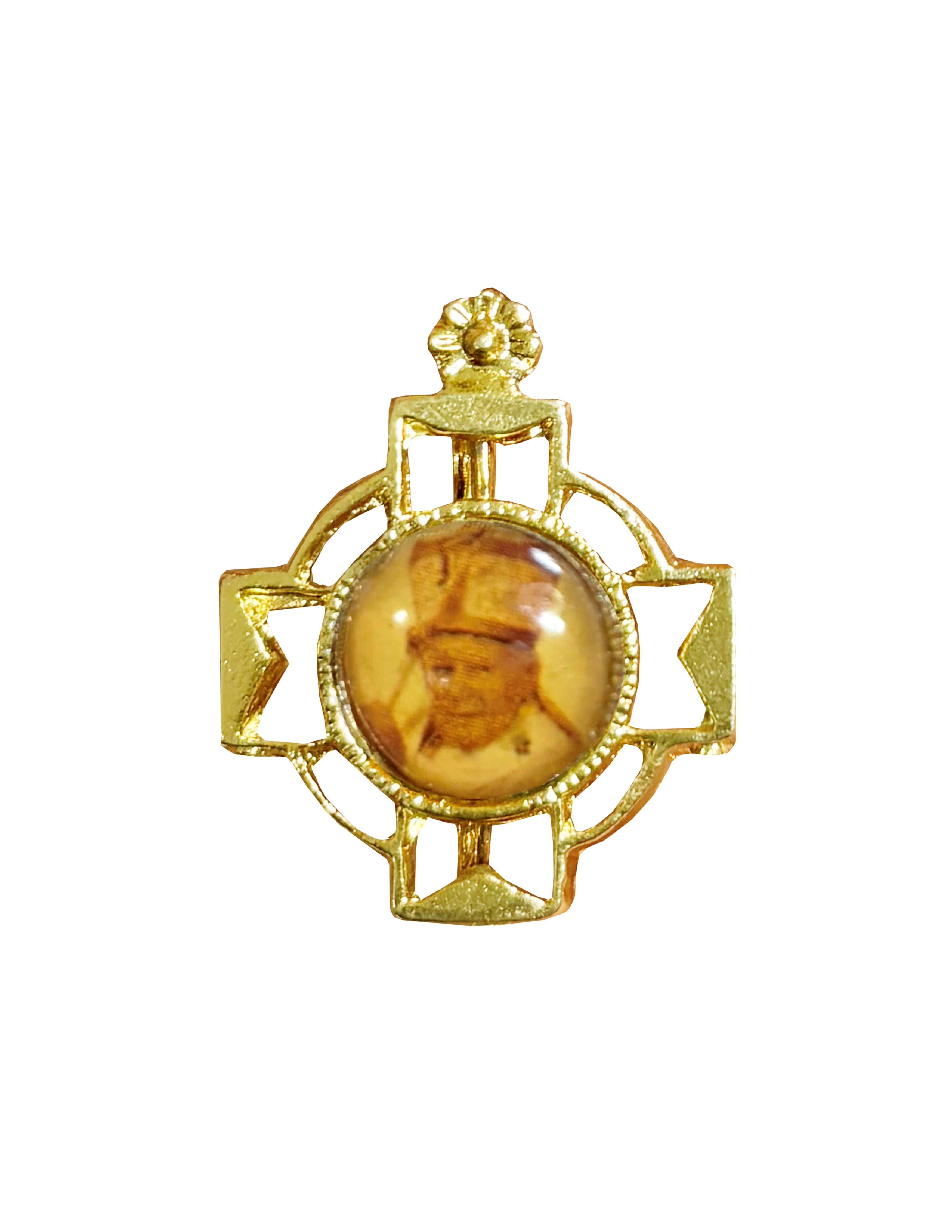 Lapel pin gold cross and enameled print