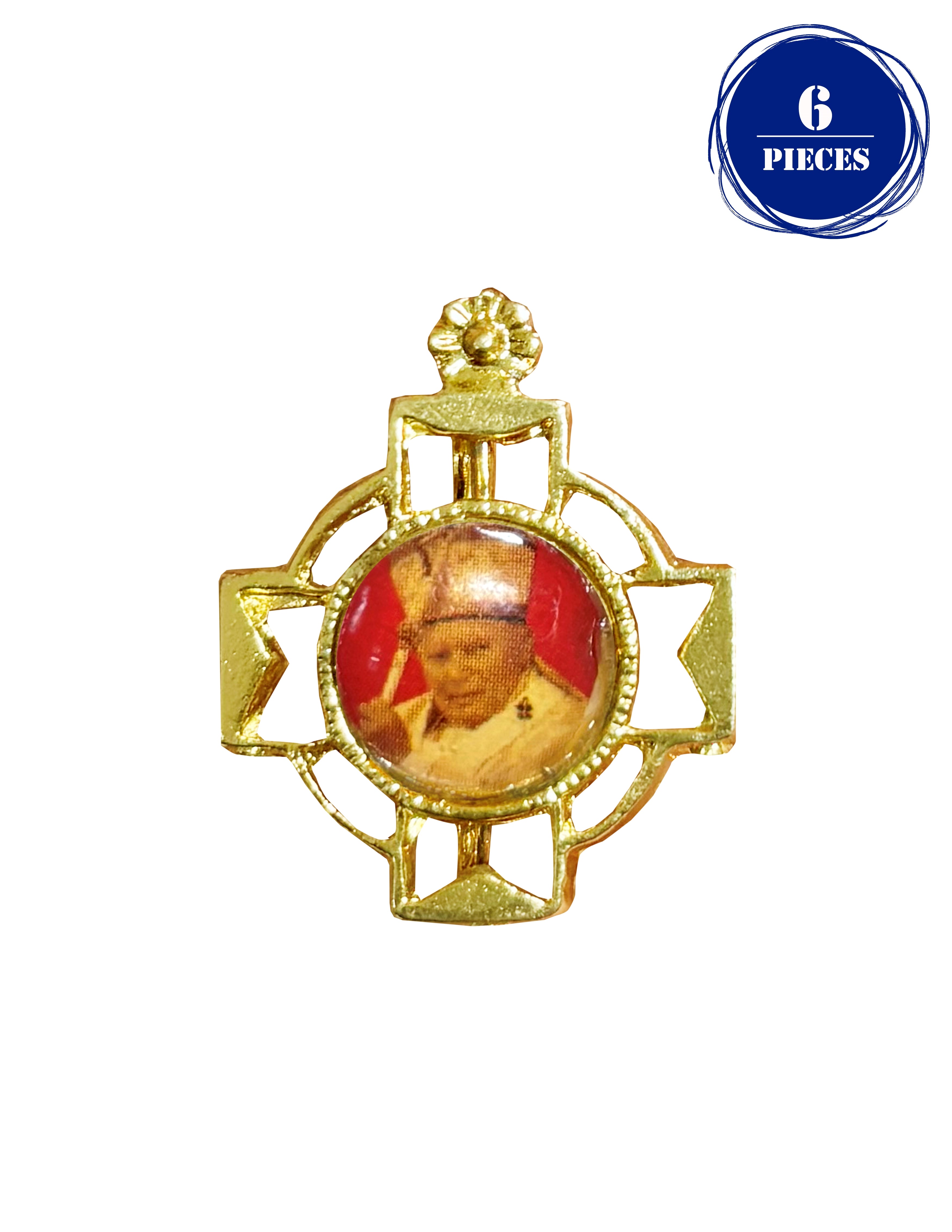 Lapel pin gold cross and enameled print