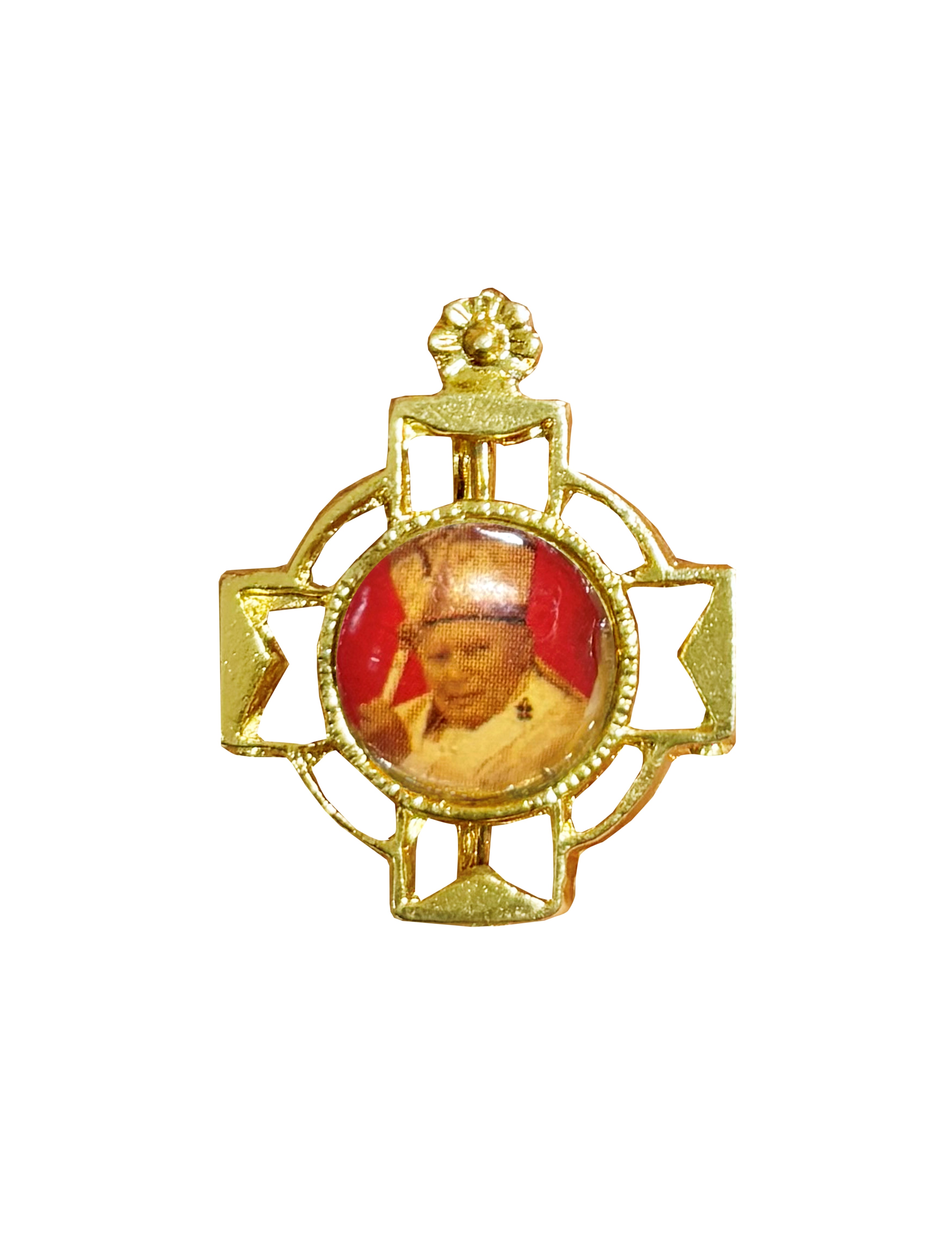 Lapel pin gold cross and enameled print