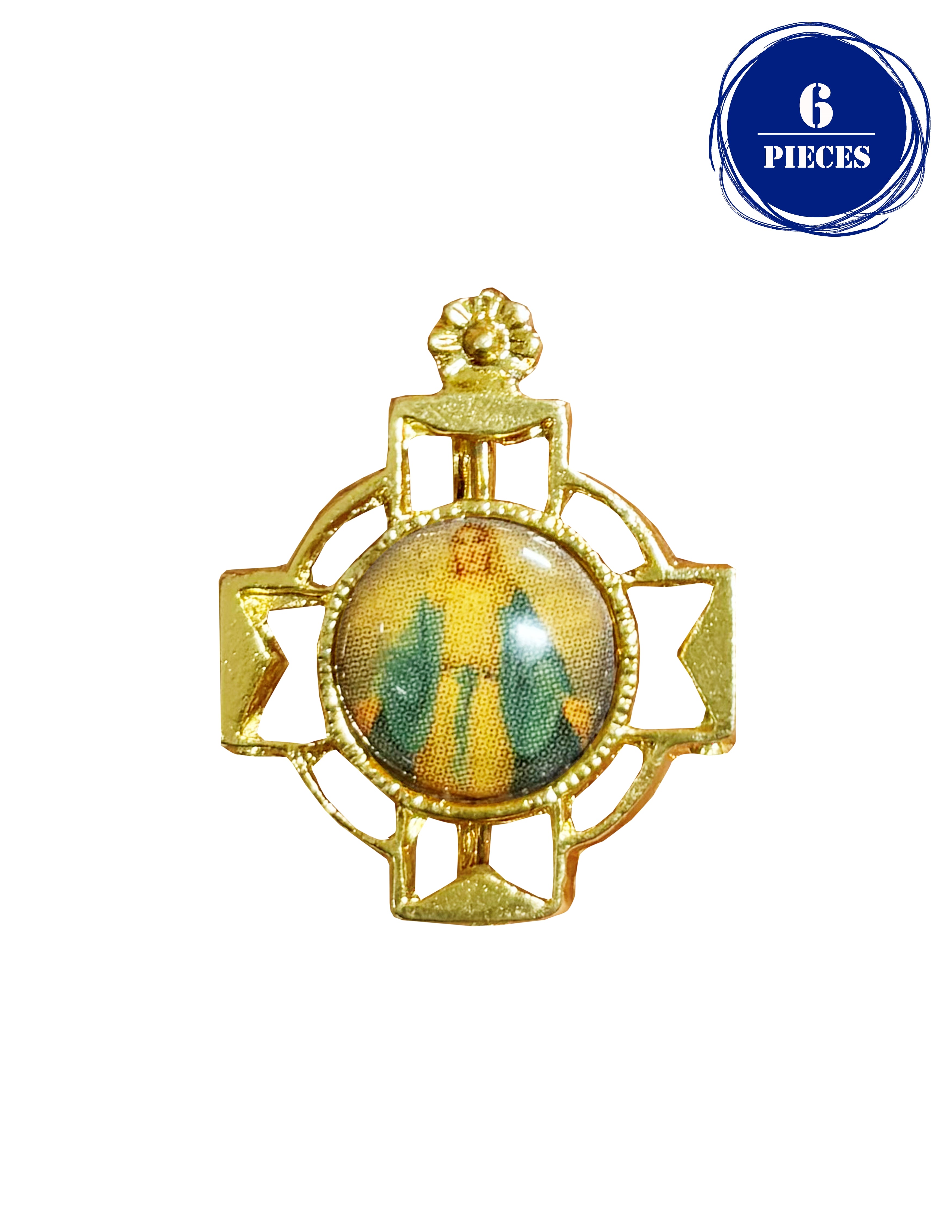 Lapel pin gold cross and enameled print