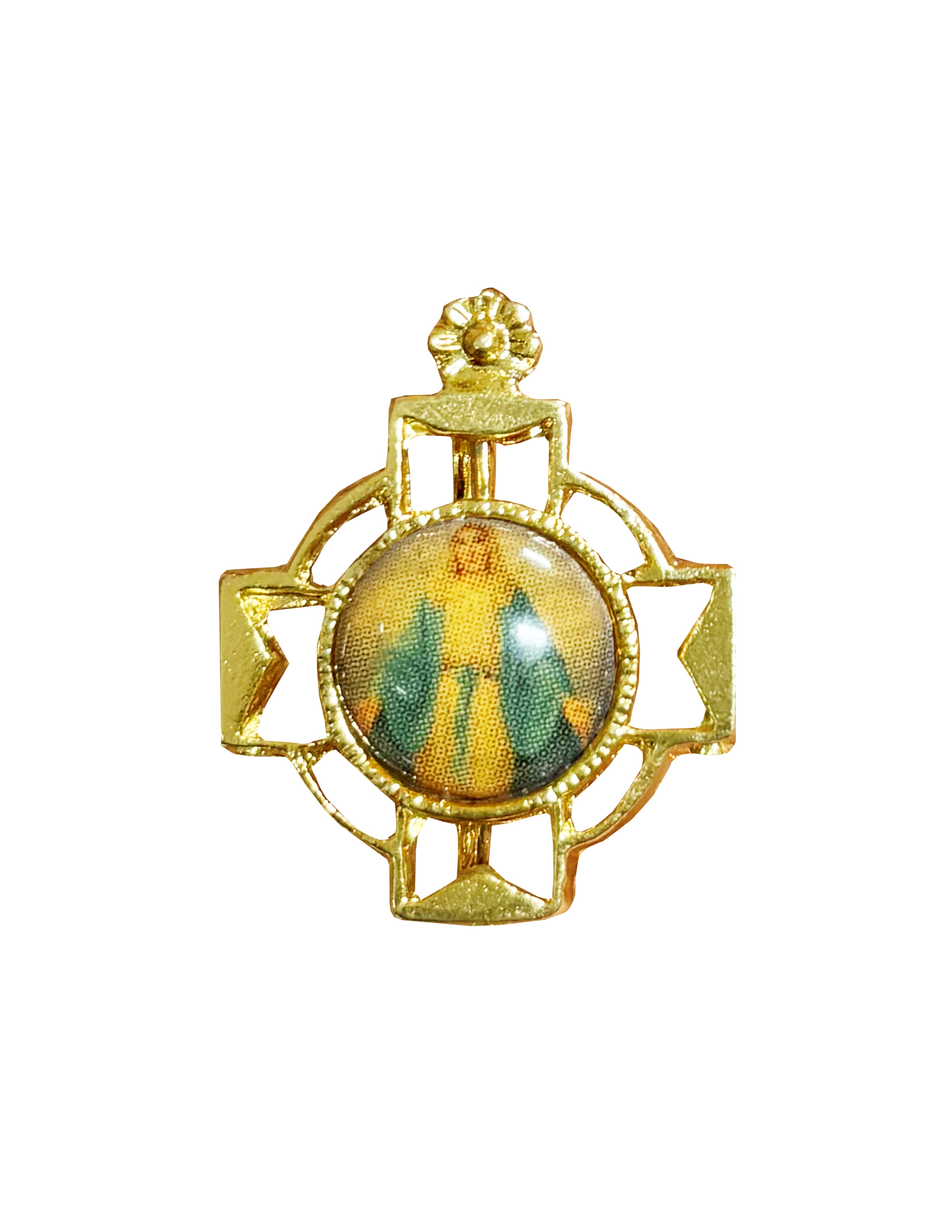 Lapel pin gold cross and enameled print