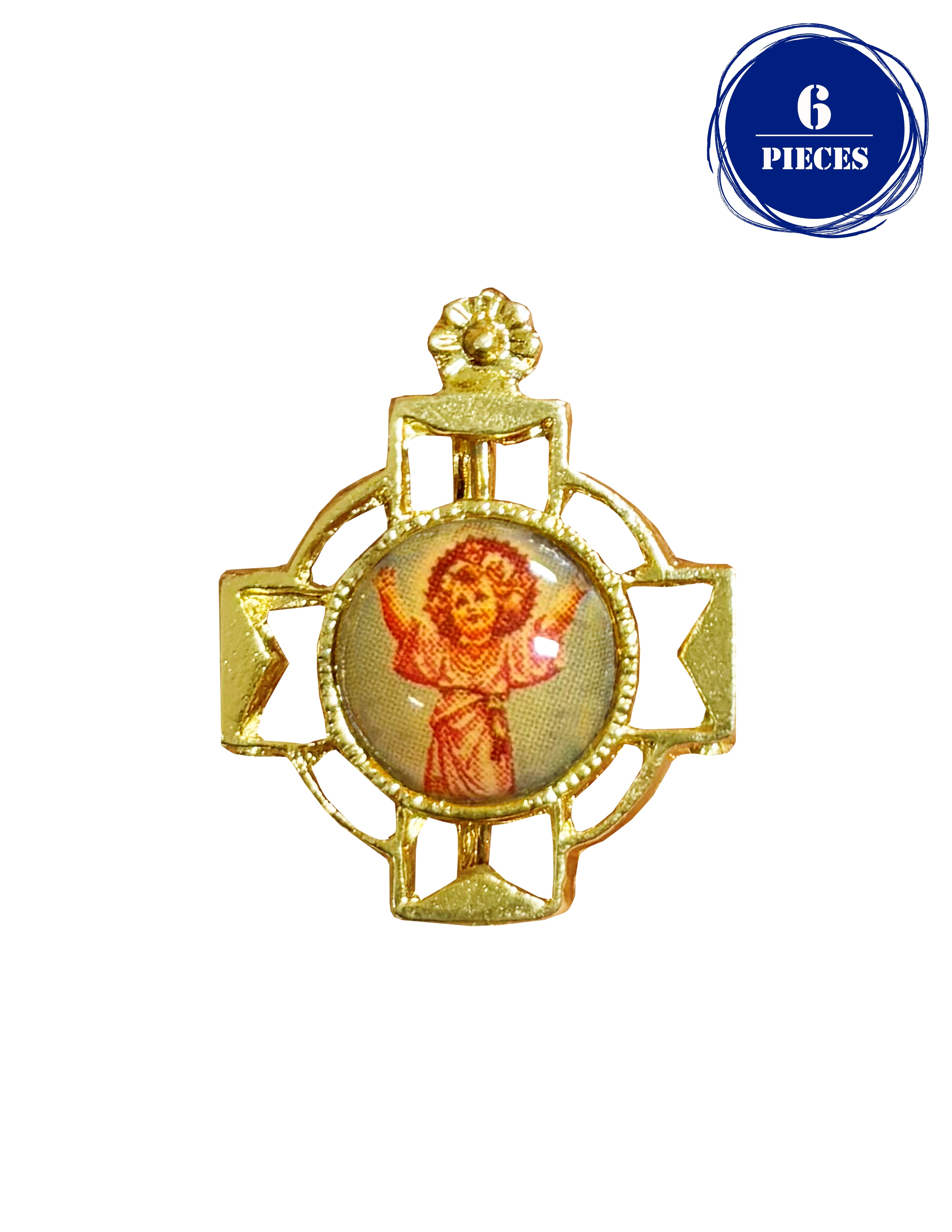 Lapel pin gold cross and enameled print