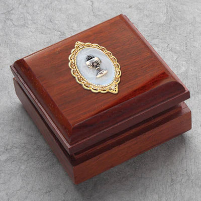 Genuine hardwood keepsake or rosary box with mother of pearl and chalice medallion